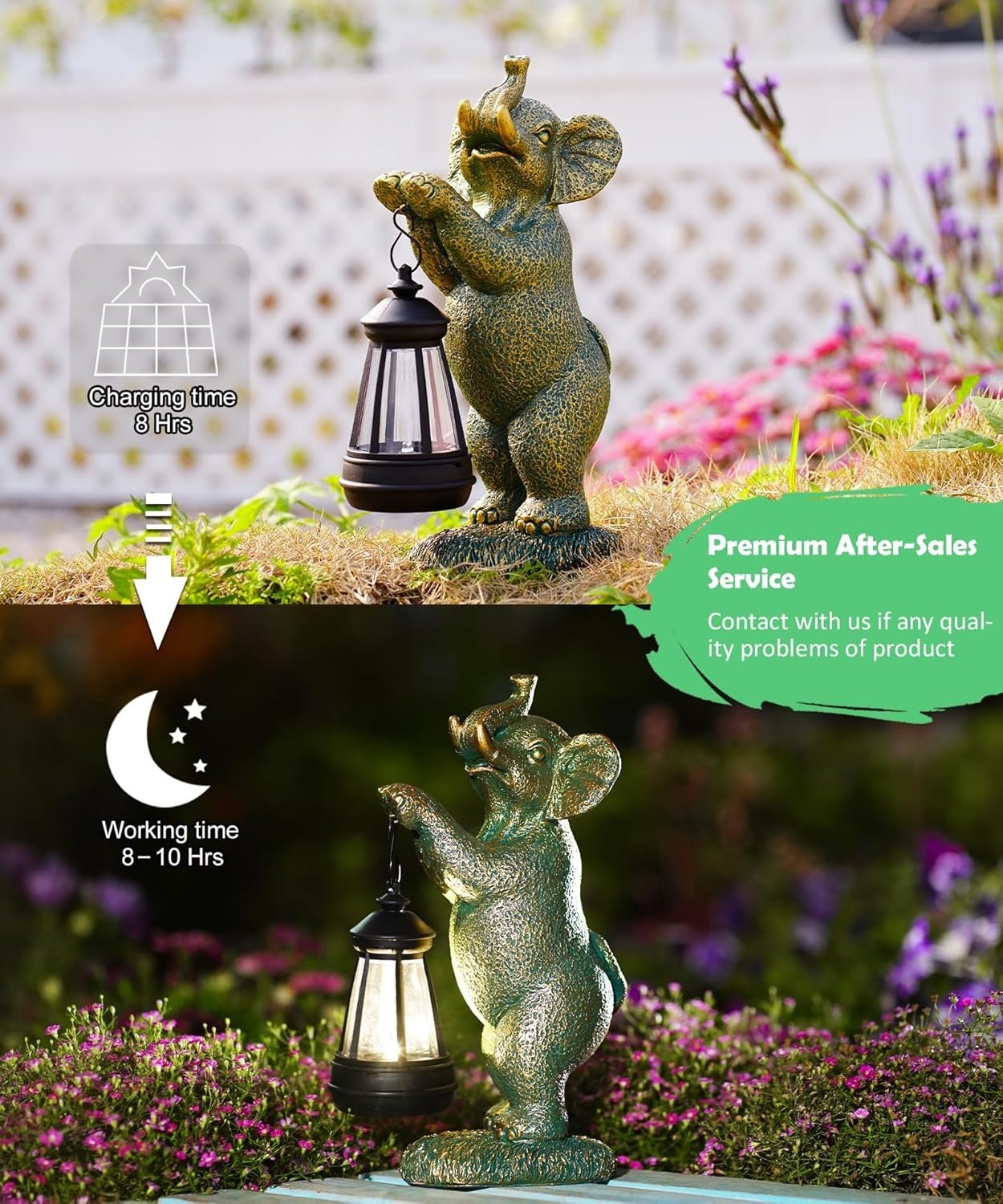Solar Elephant Garden Ornament with Lantern | Outdoor LED Statue Patio Lawn