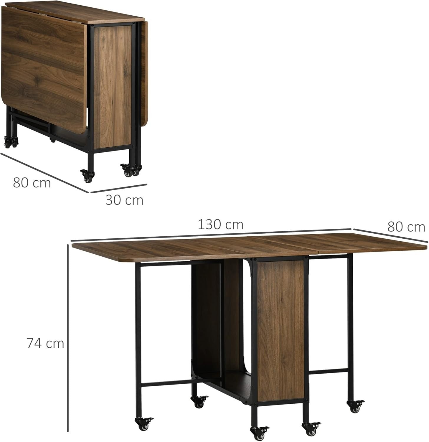 Folding Drop Leaf Dining Table with Wheels Storage Shelf Small Space