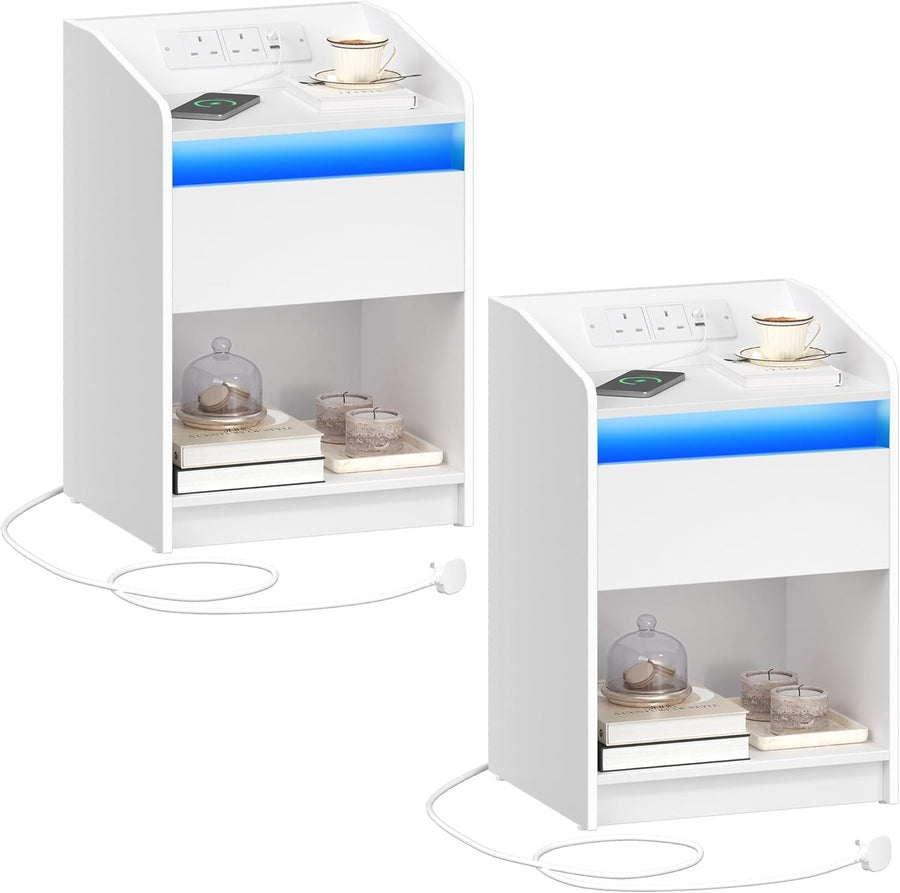 Set of 2 LED Bedside Tables with Charging Ports – White Nightstands with Drawer