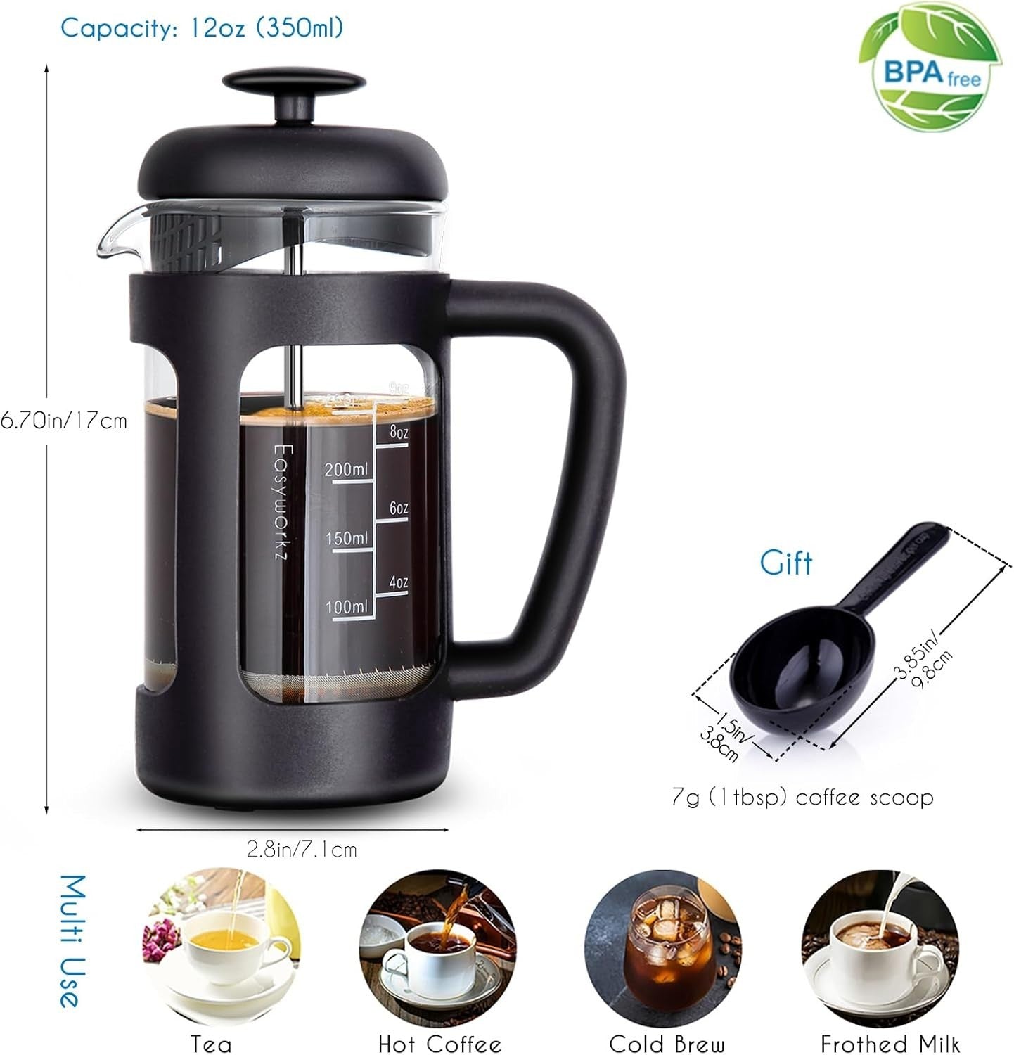 French Press Coffee Maker 350ml Heat-Resistant Glass Soft Grip Handle Portable