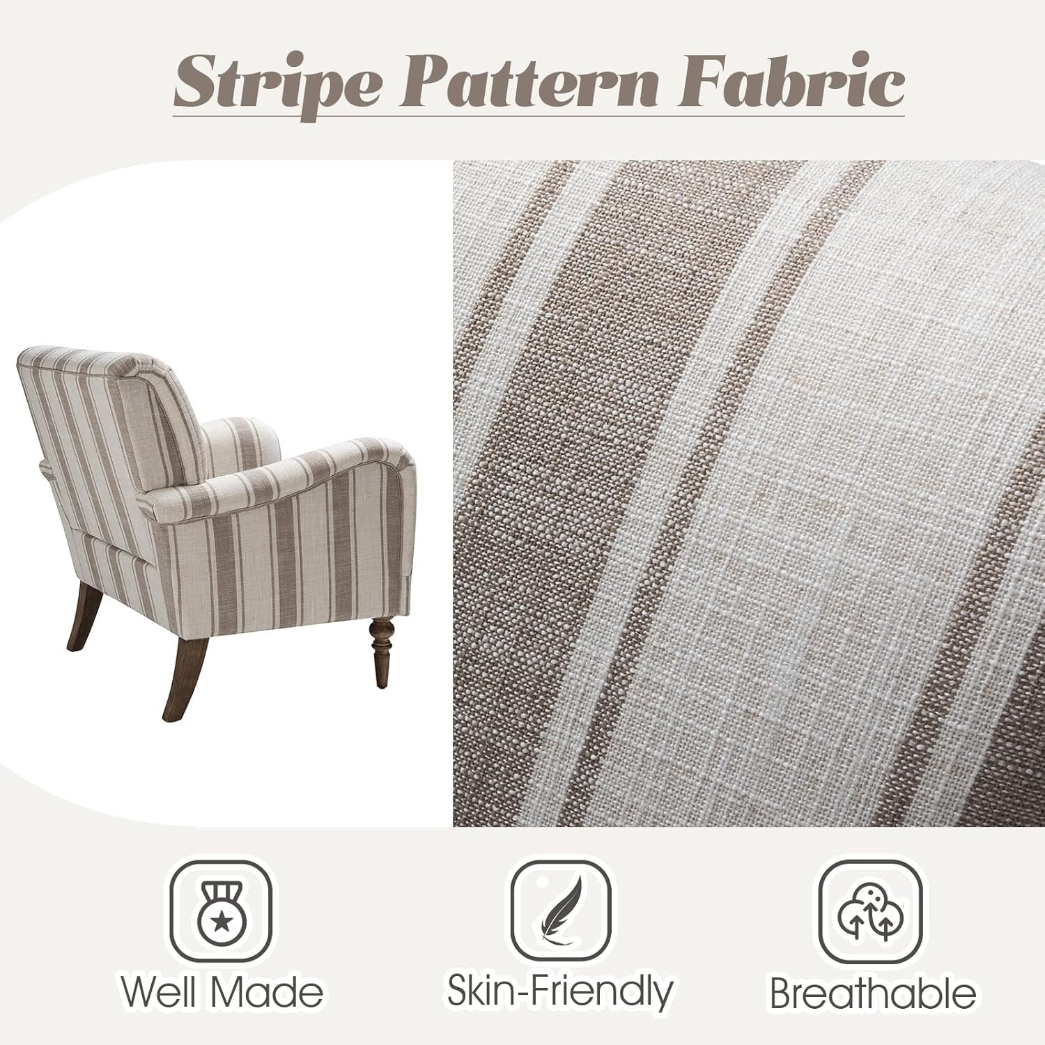 Striped Upholstered Armchair with Wooden Legs for Lounge or Bedroom