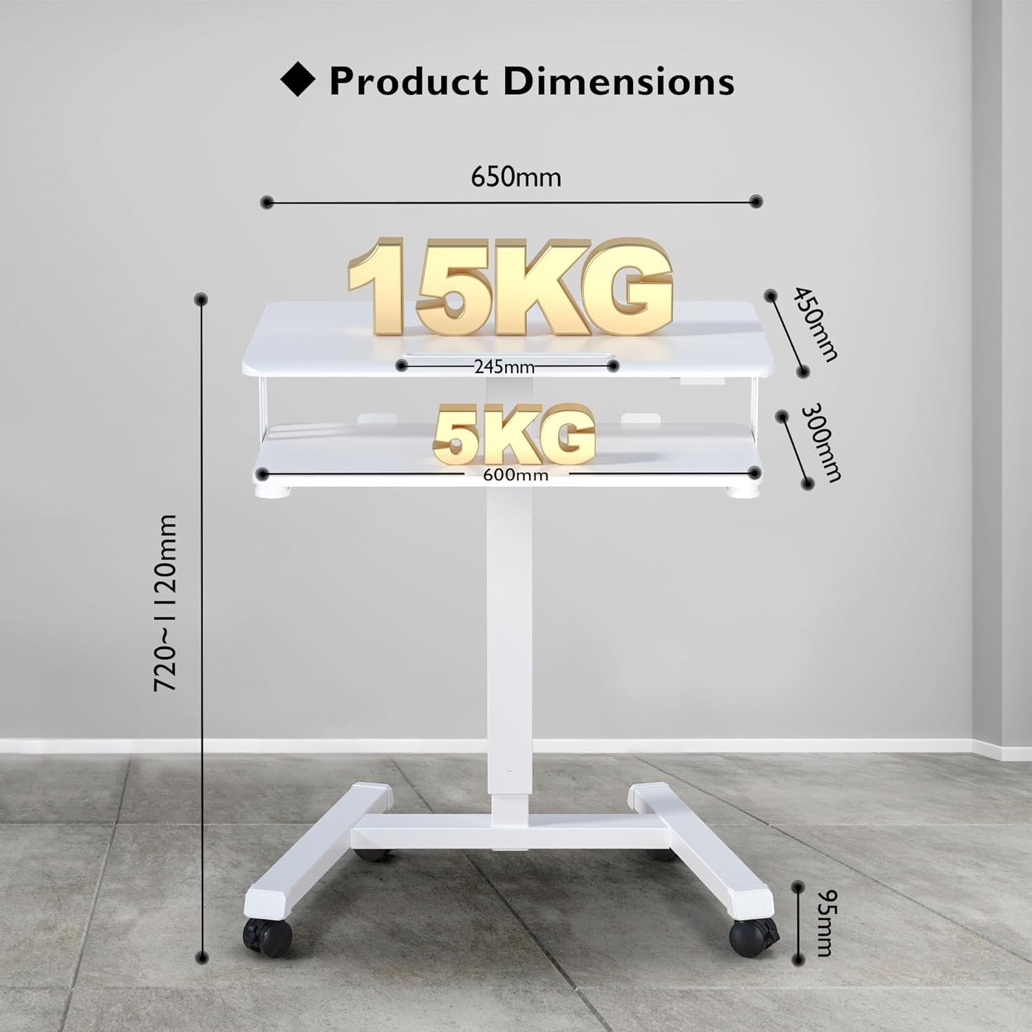Height Adjustable Mobile Standing Desk on Wheels Laptop Workstation White