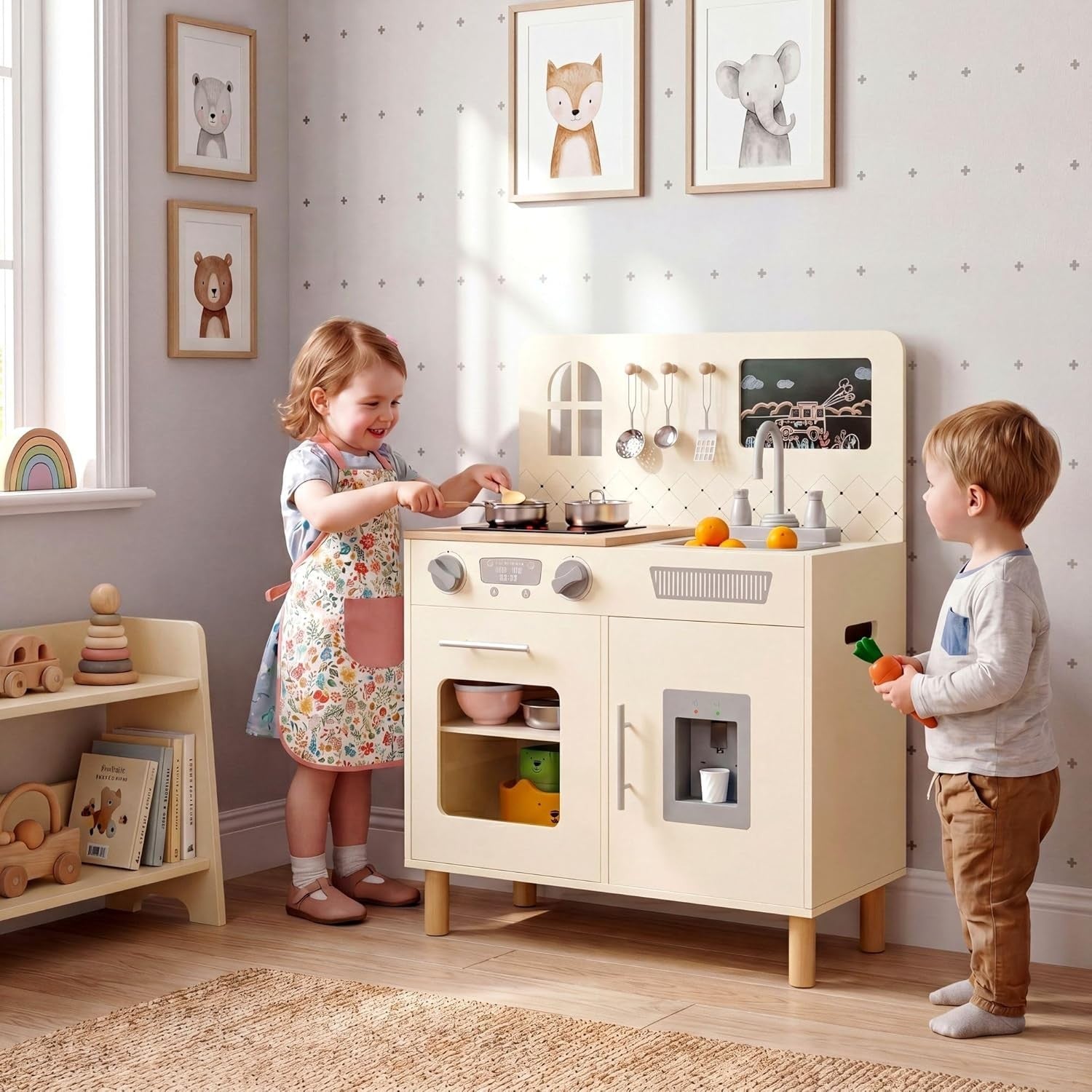Kids Wooden Play Kitchen w/ Lights Sounds Chalkboard Cream Toy