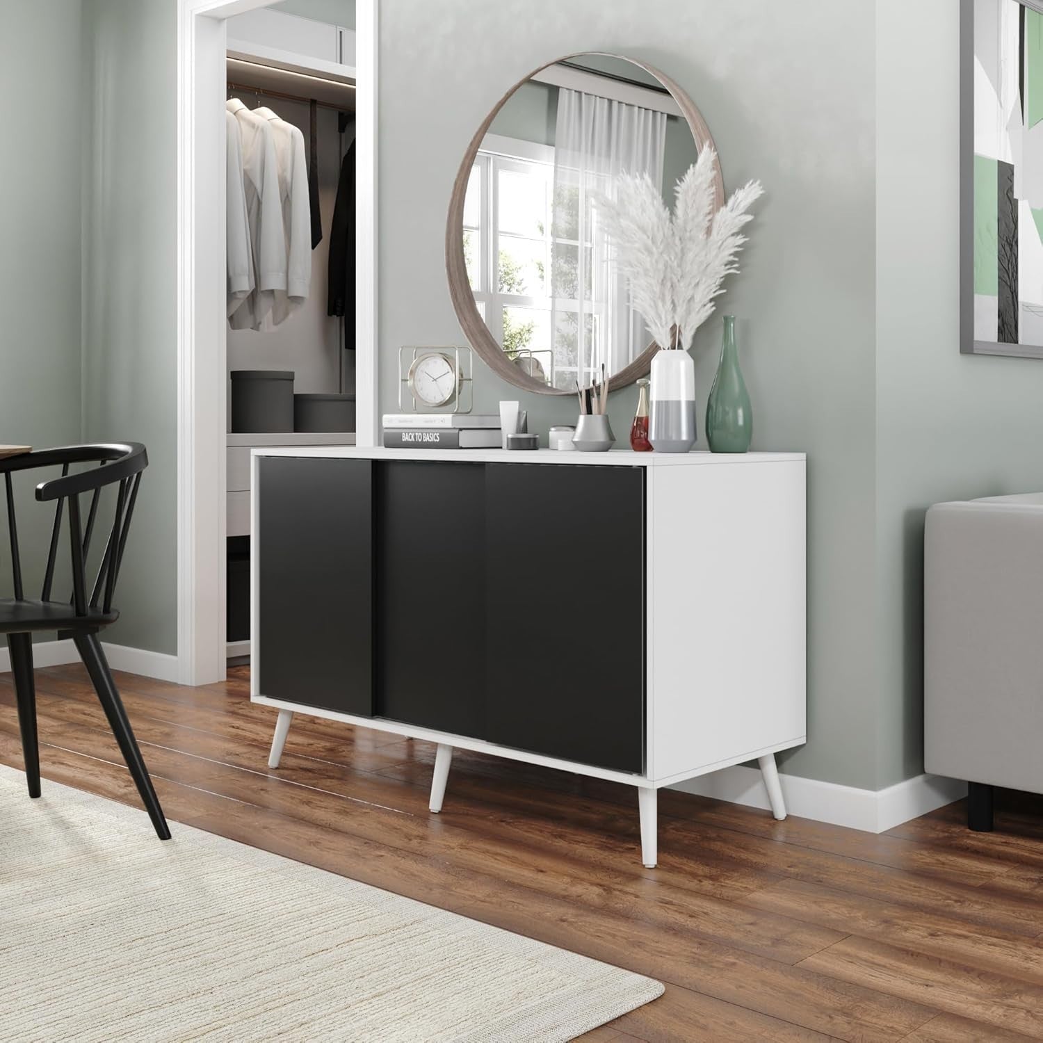 Modern Sideboard Cabinet White Frame Black Sliding Doors Storage Unit