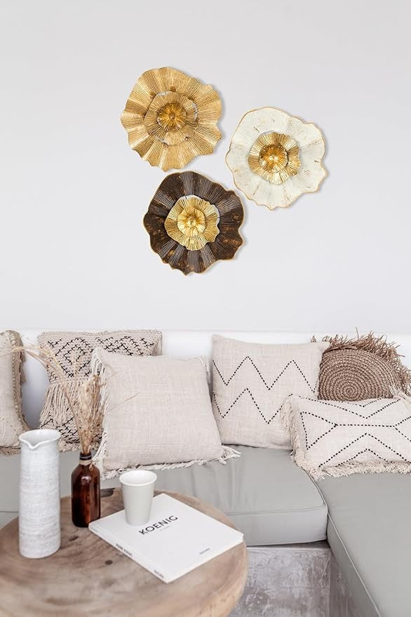 12" Gold Metal Flower Wall Décor Pack of 3 Modern Wall Art Accent