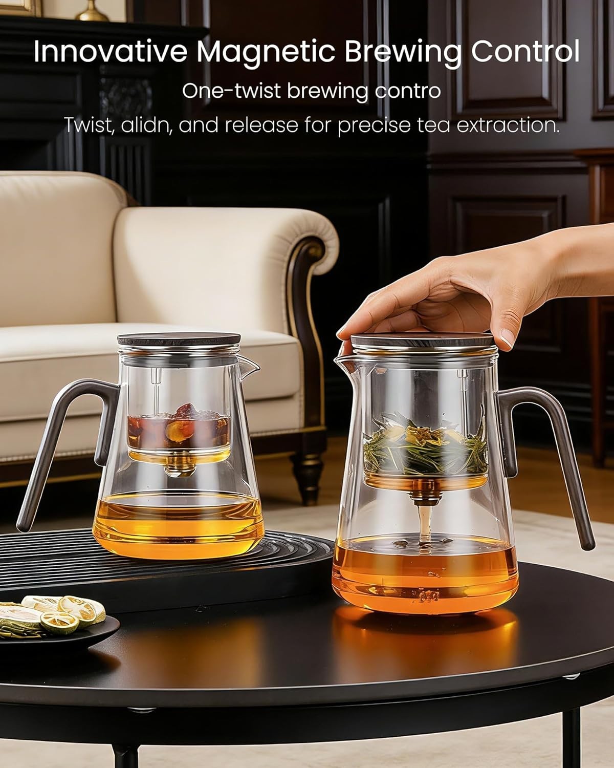 1000ml Magnetic Glass Teapot with Infuser & 2 Cups Loose Leaf Tea Set