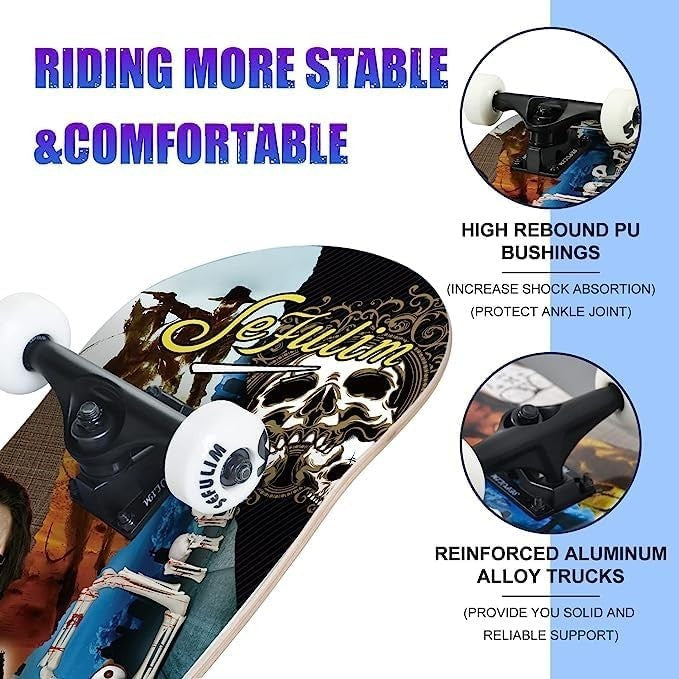 31" Complete Skateboard Maple Double Kick Trick Board Multi Design Teens Adults