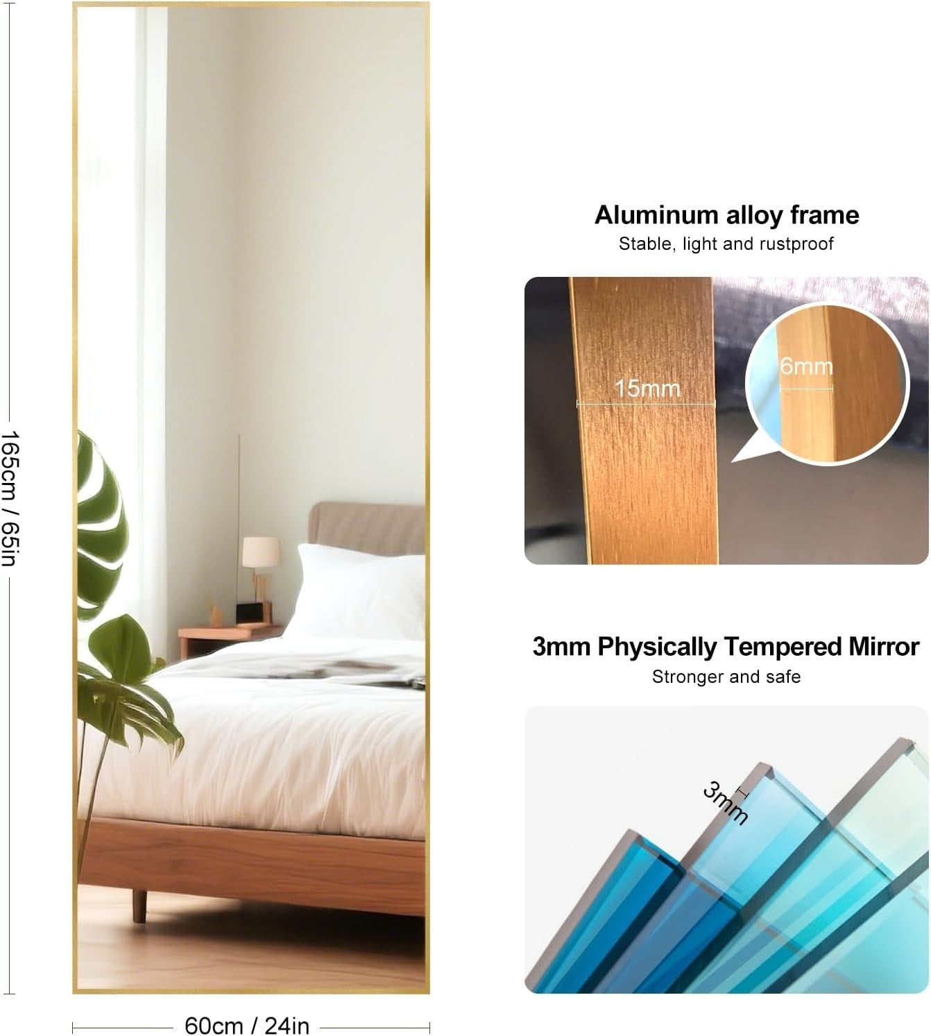 Large Full Length Mirror 165x60cm Gold Frame, Shatterproof Glass Wall Leaning