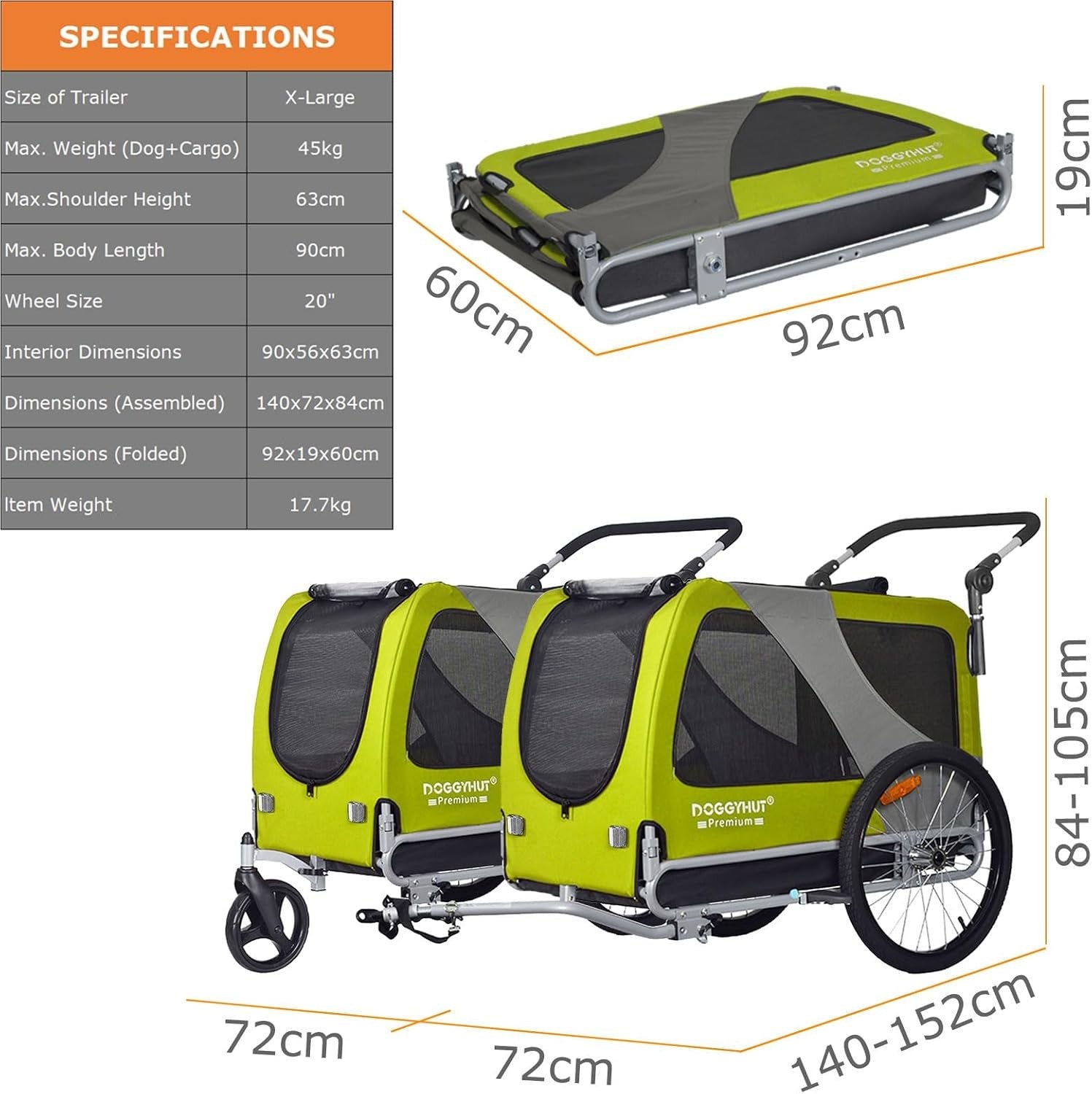 XL Dog Bike Trailer & Push Stroller 45kg Heavy Duty Green Black