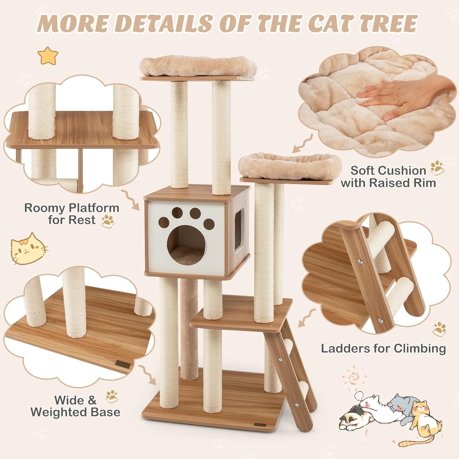 157cm Wooden Cat Tree Beige Tall Tower with Condo Perch Ladder & Sisal Posts