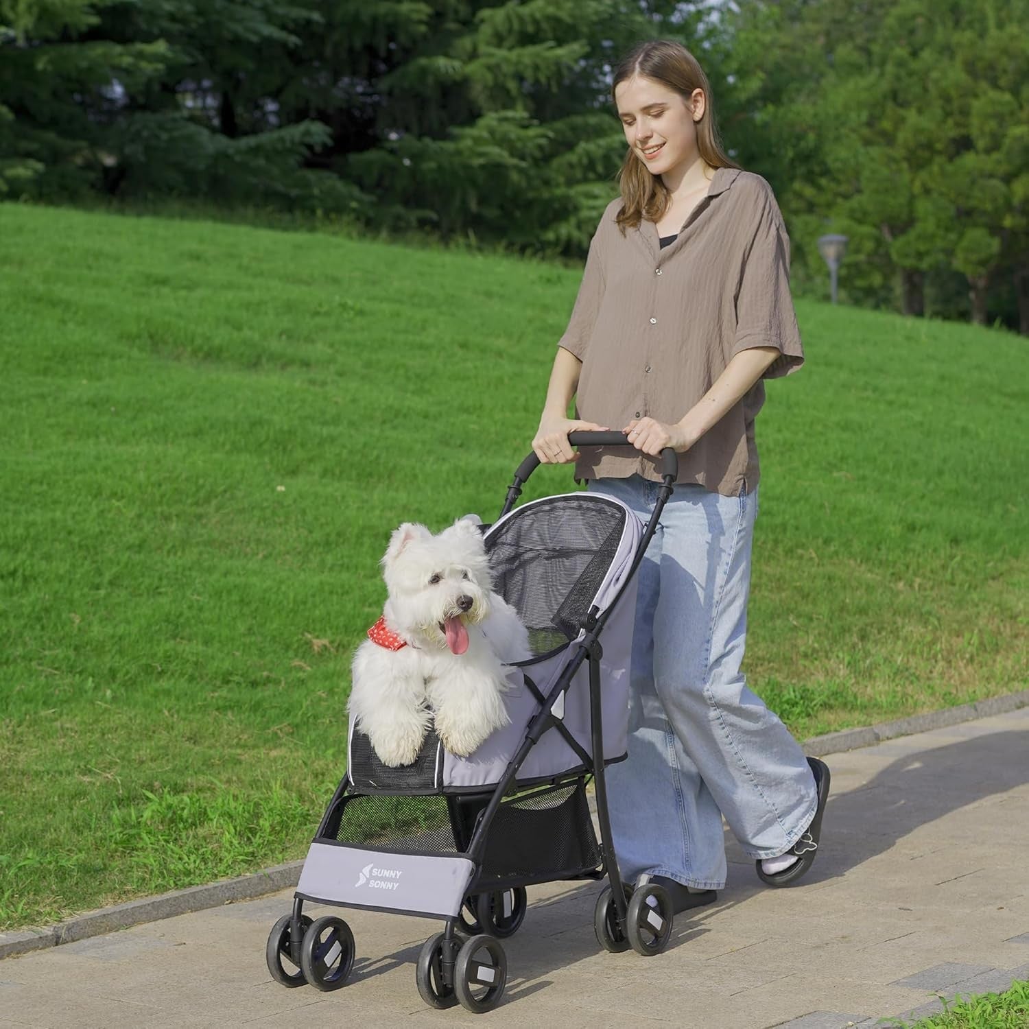Pet Stroller for Small Dogs Cats Foldable Travel Pushchair 15kg Grey