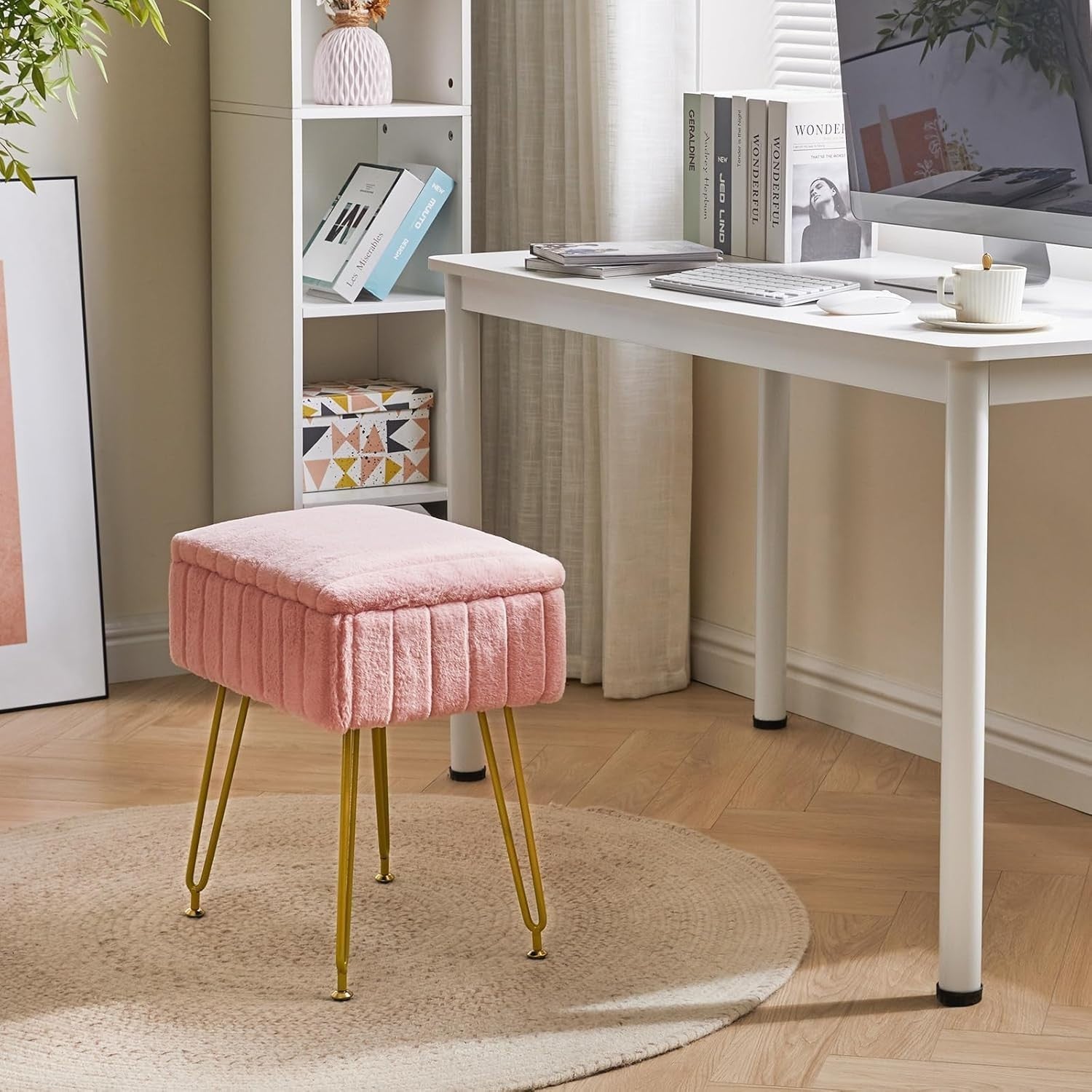Pink Velvet Storage Footstool with Metal Legs – Rectangular Vanity Stool