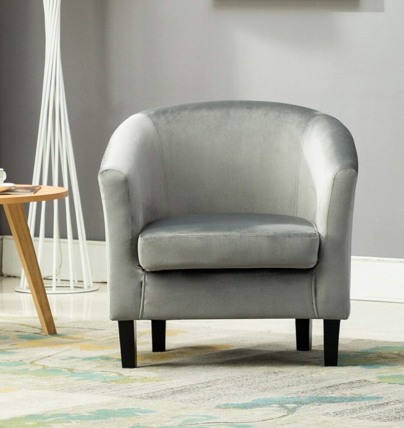Grey Velvet Tub Chair Armchair Accent Seat for Lounge Dining Bedroom Café