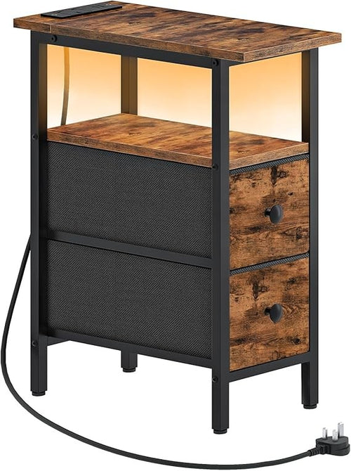 Slim Bedside Table with LED Light & Charging Ports, Narrow Nightstand Drawers