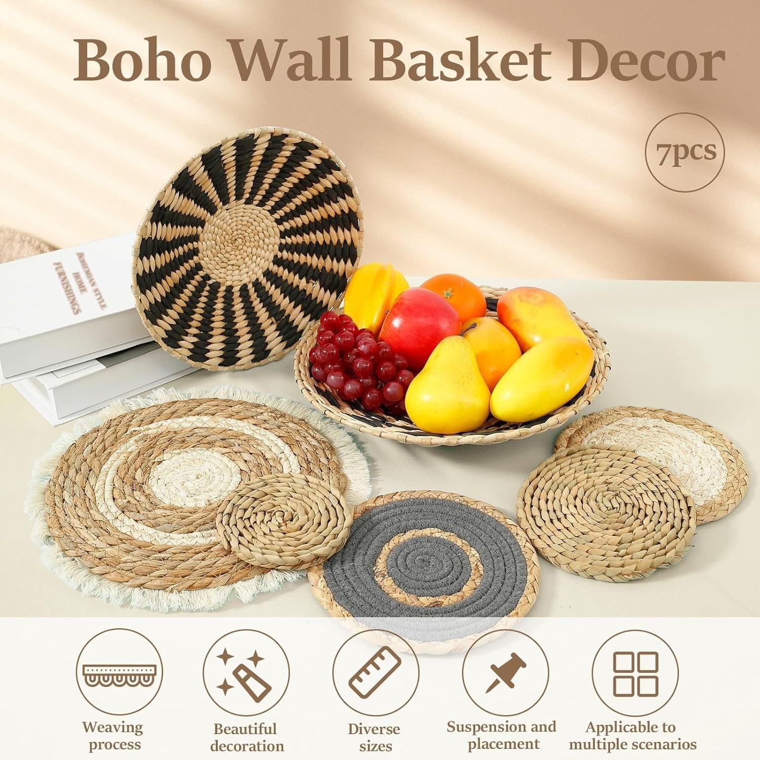 7 Pcs Boho Woven Wall Baskets Handmade Rattan Decor 5 Sizes