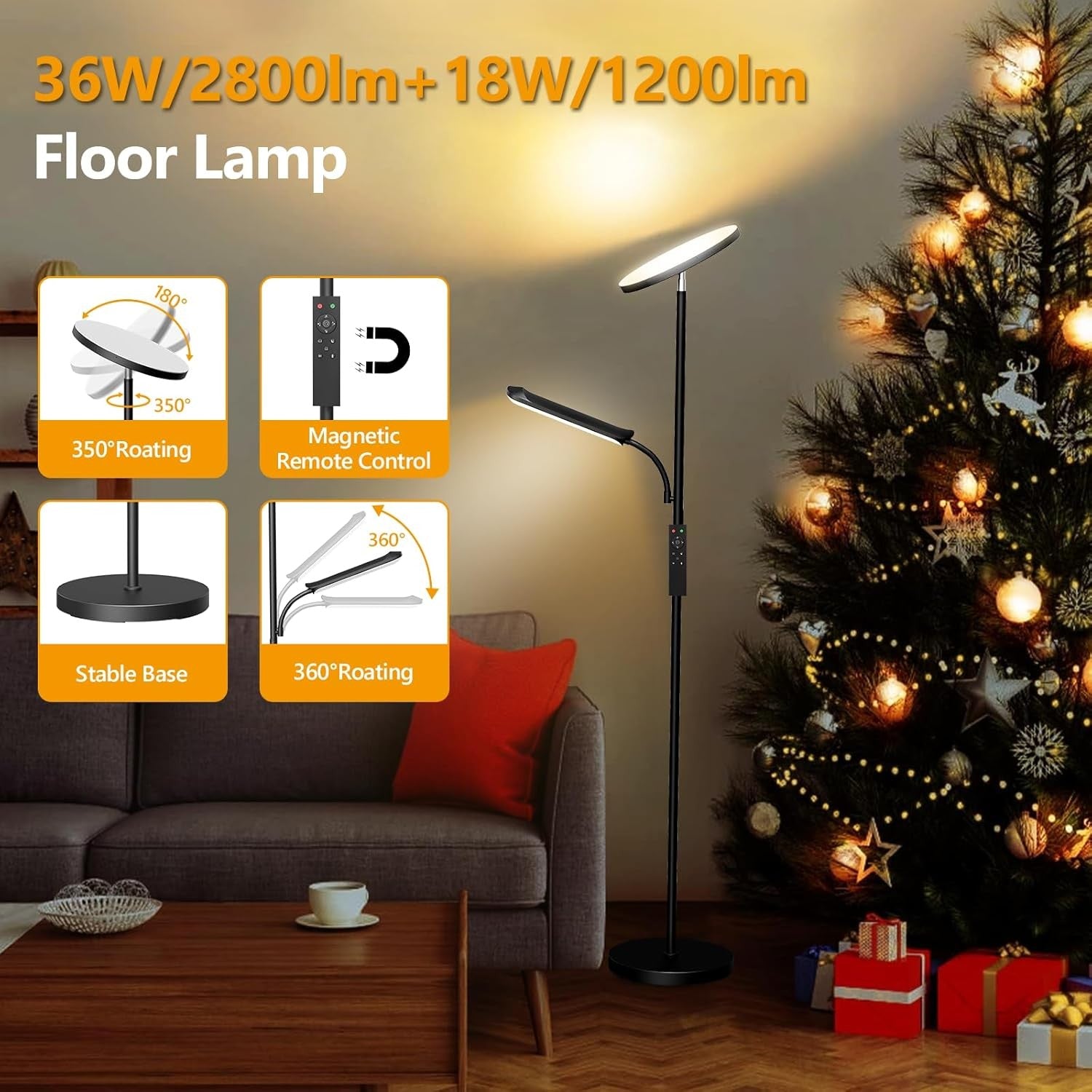 Dimmable LED Floor Lamp with Reading Light Remote Touch Modern Standing