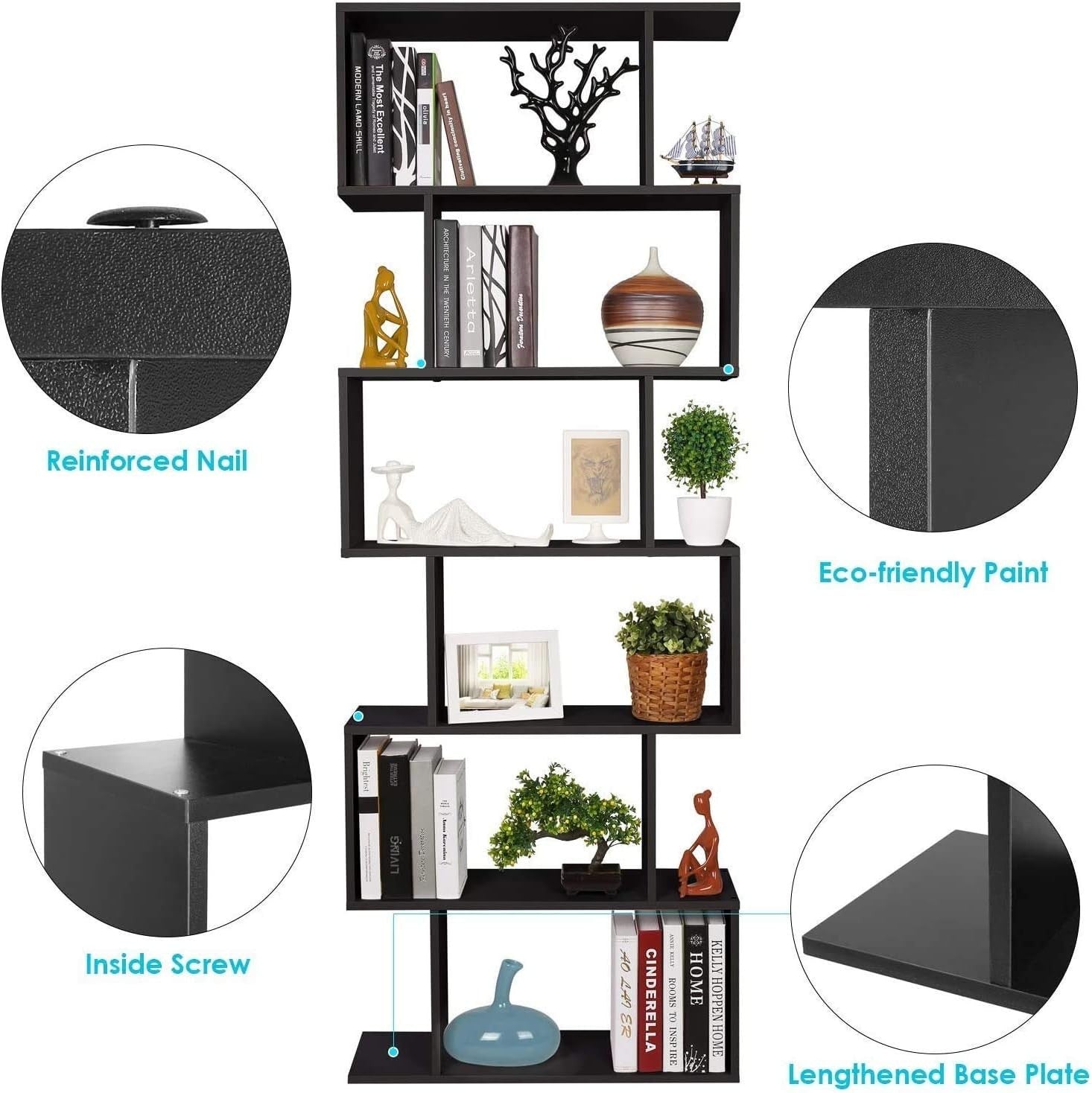 Modern S-Shape 6-Tier Bookcase Free Standing Display Shelf Unit Storage