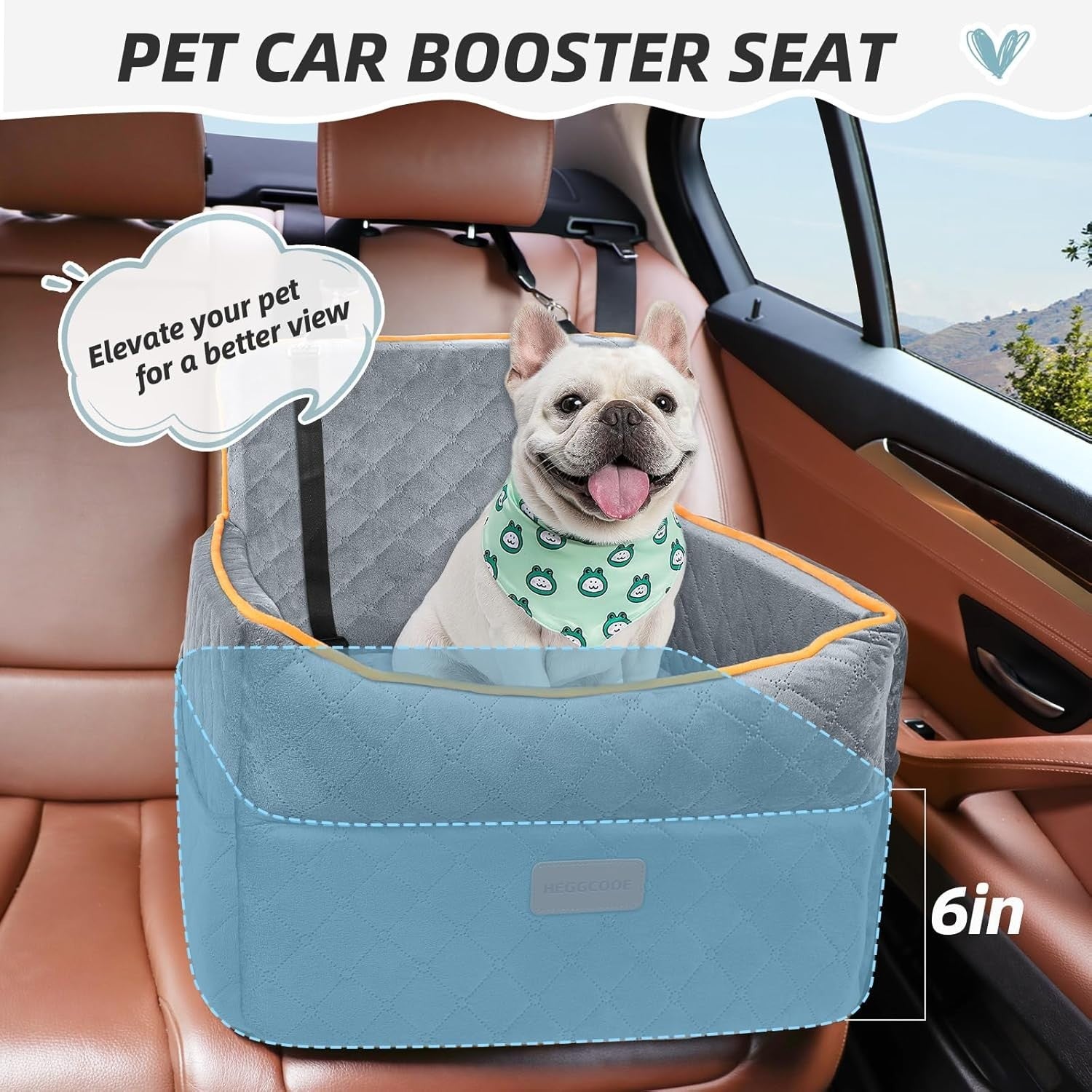 Elevated Dog Booster Car Seat Memory Foam Travel Bed Washable Grey