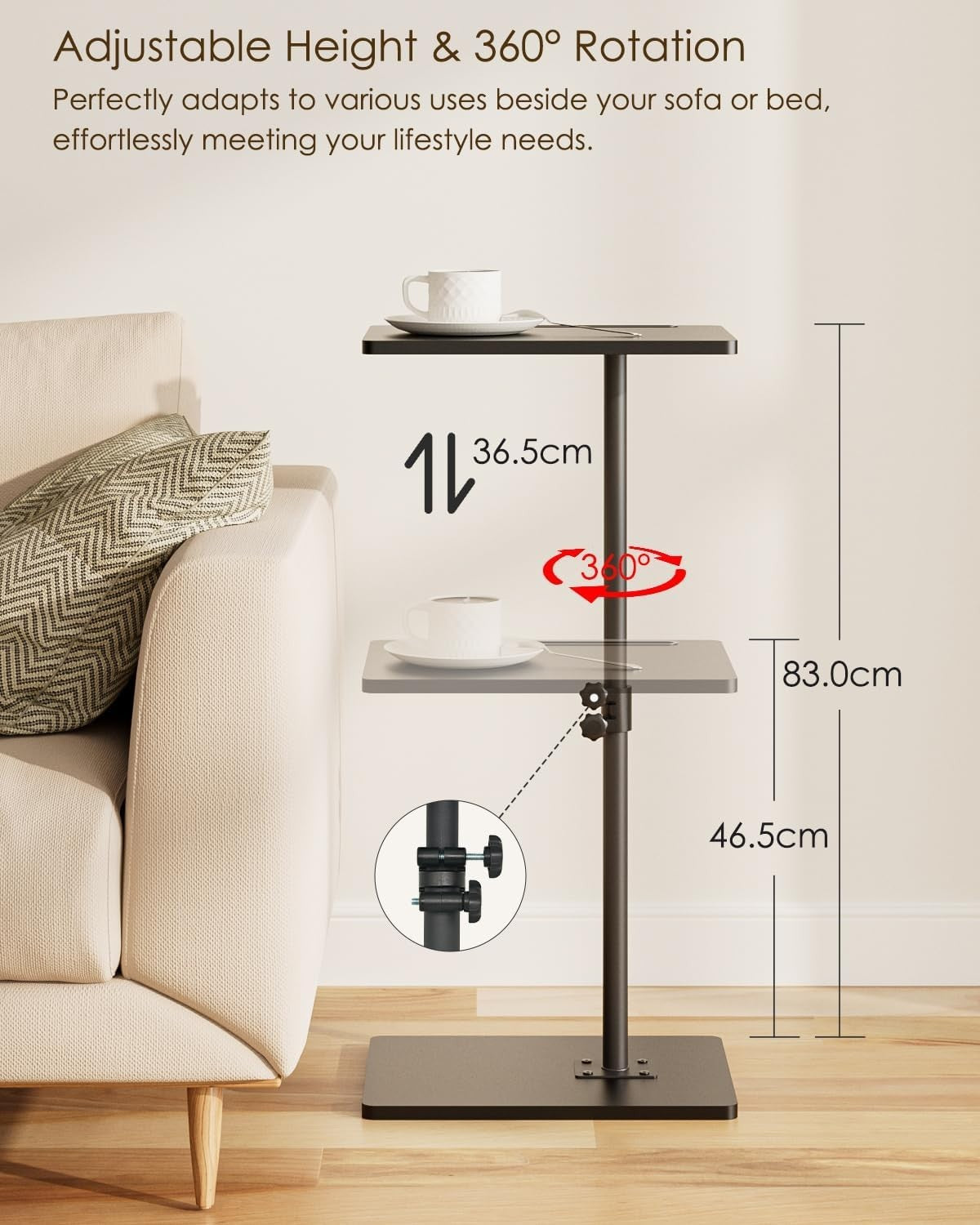 Adjustable C-Shaped Swivel Side Table 40x30x(45-81)cm Black Coffee Tray
