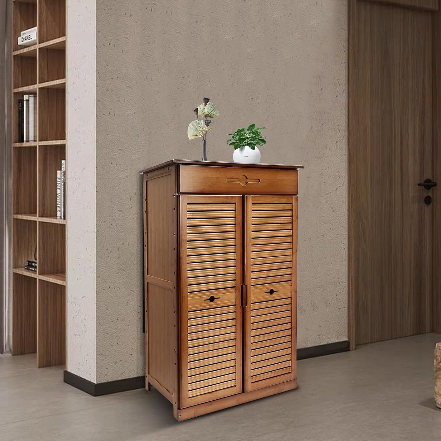 Dustproof 5-Tier Bamboo Shoe Cabinet with Drawer & Doors, Adjustable Storage