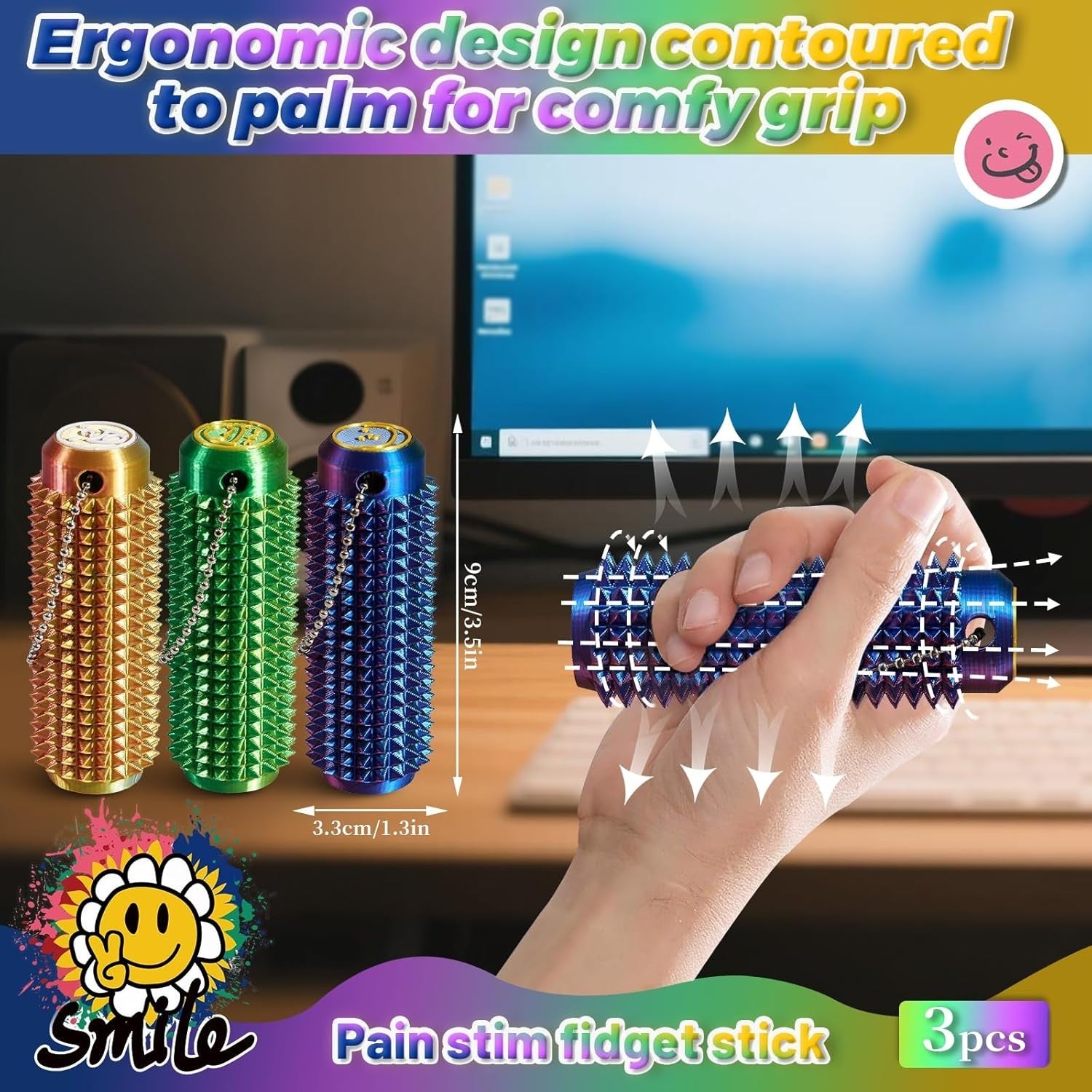 Pain Stim Spiky Fidget Keychain Anxiety Relief ADHD Autism Pocket Tool