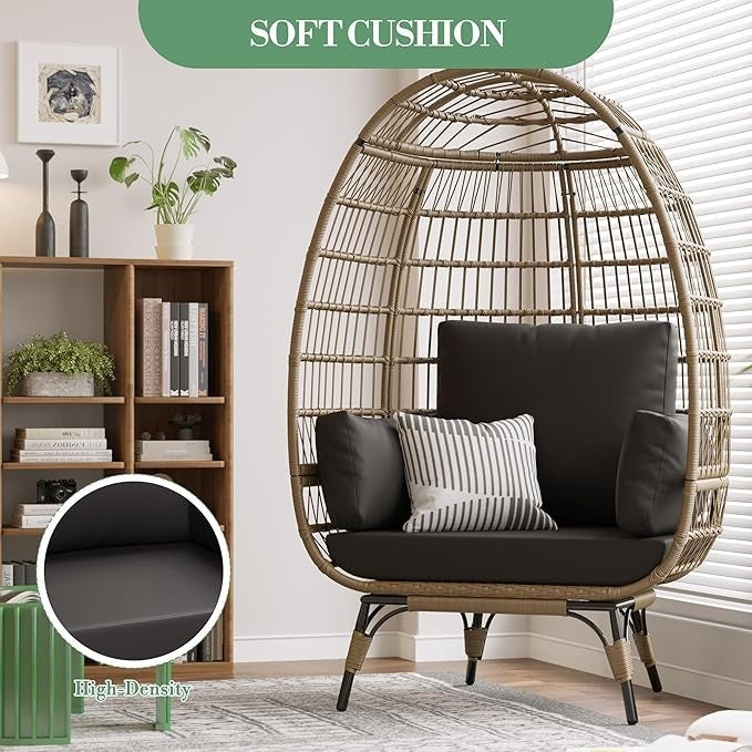 Oversized Wicker Egg Chair Outdoor Patio Lounge with Cushions 350lbs Capacity