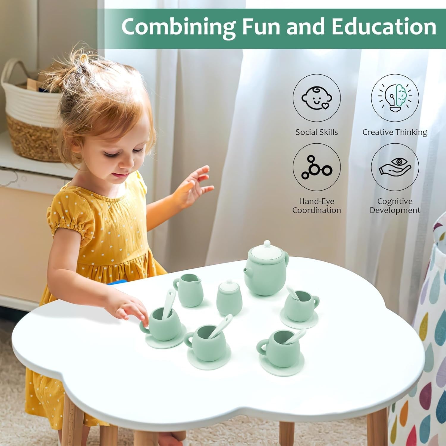 Kids Silicone Tea Set 15PCS Pretend Play Tea Party Toy BPA Free Gift