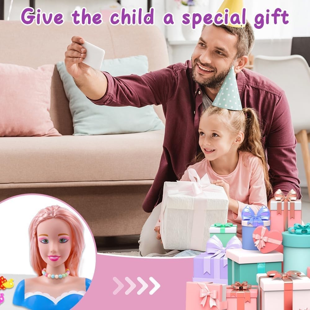 Kids Hair Styling Head Doll Playset 44pcs Makeup Hairdresser Toy