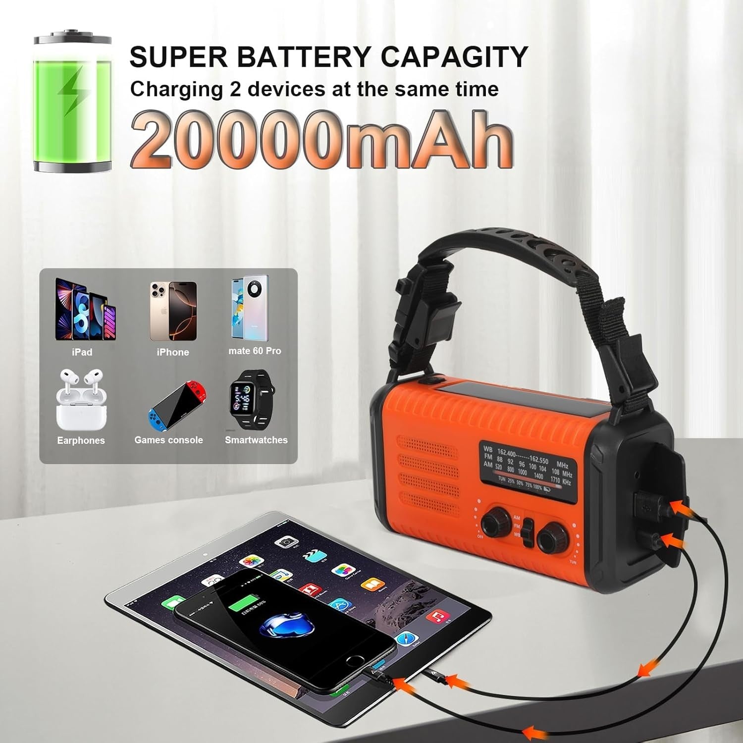 Emergency Solar Hand Crank Radio 20000mAh AM/FM/NOAA Flashlight Orange