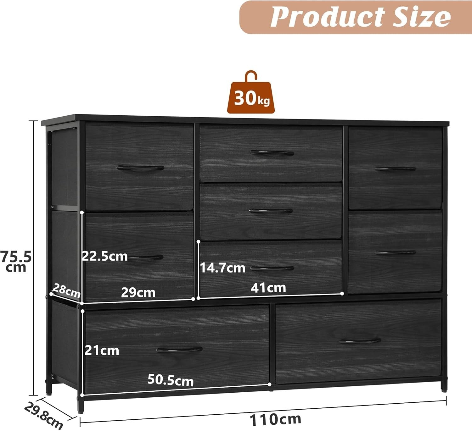 9 Drawer Wooden Dresser Chest Bedroom Storage Organizer TV Stand 29.8"x110"x75cm