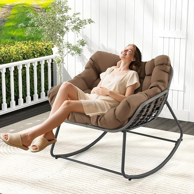 Oversized Rattan Rocking Chair w/ Cushion Indoor Outdoor Patio Garden Seat