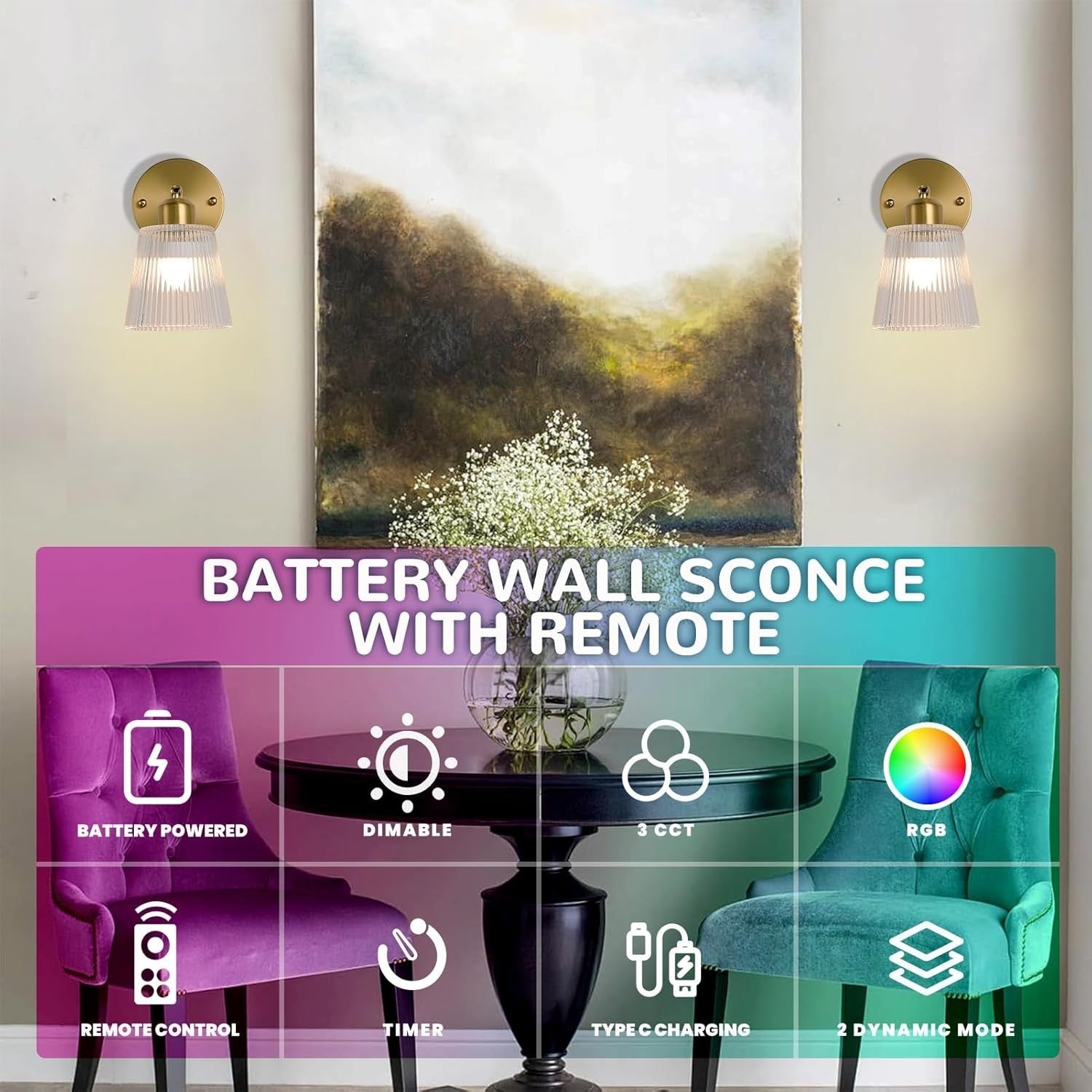 Wireless Rechargeable White Glass Wall Sconce, Remote Control LED Light