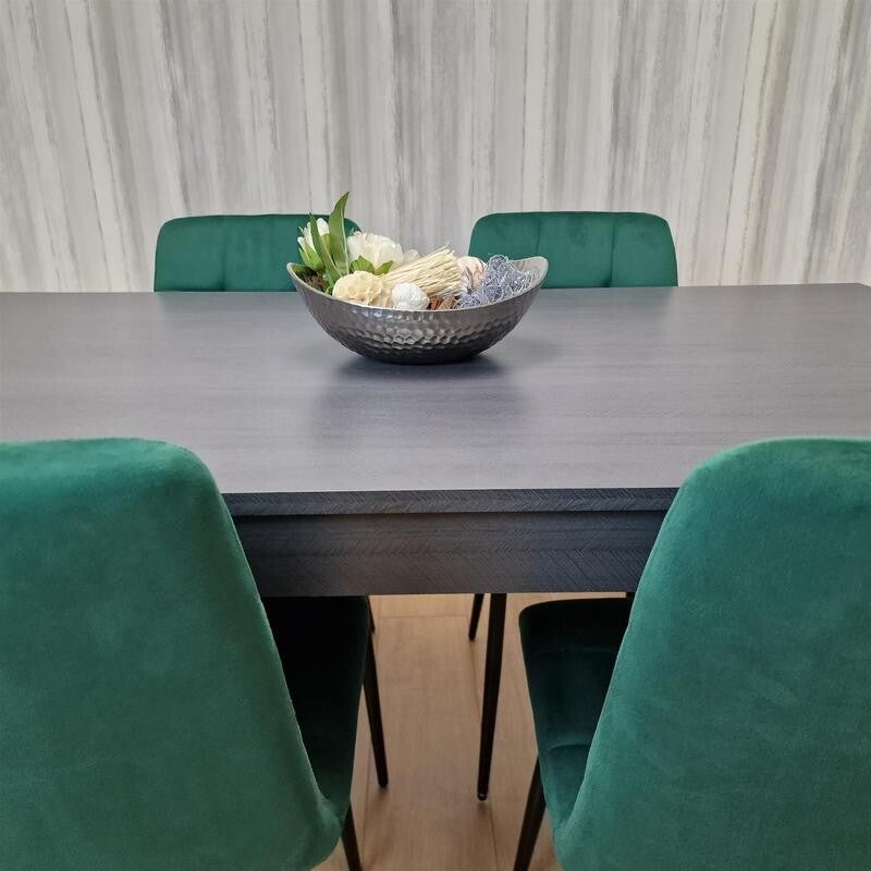 Dark Wood Dining Table Set with 4 Green Velvet Chairs Kitchen Furniture