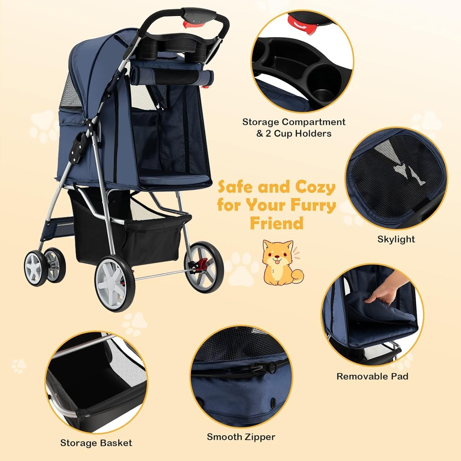 Blue Pet Stroller Foldable Dog Cat Pushchair 15kg Storage Basket