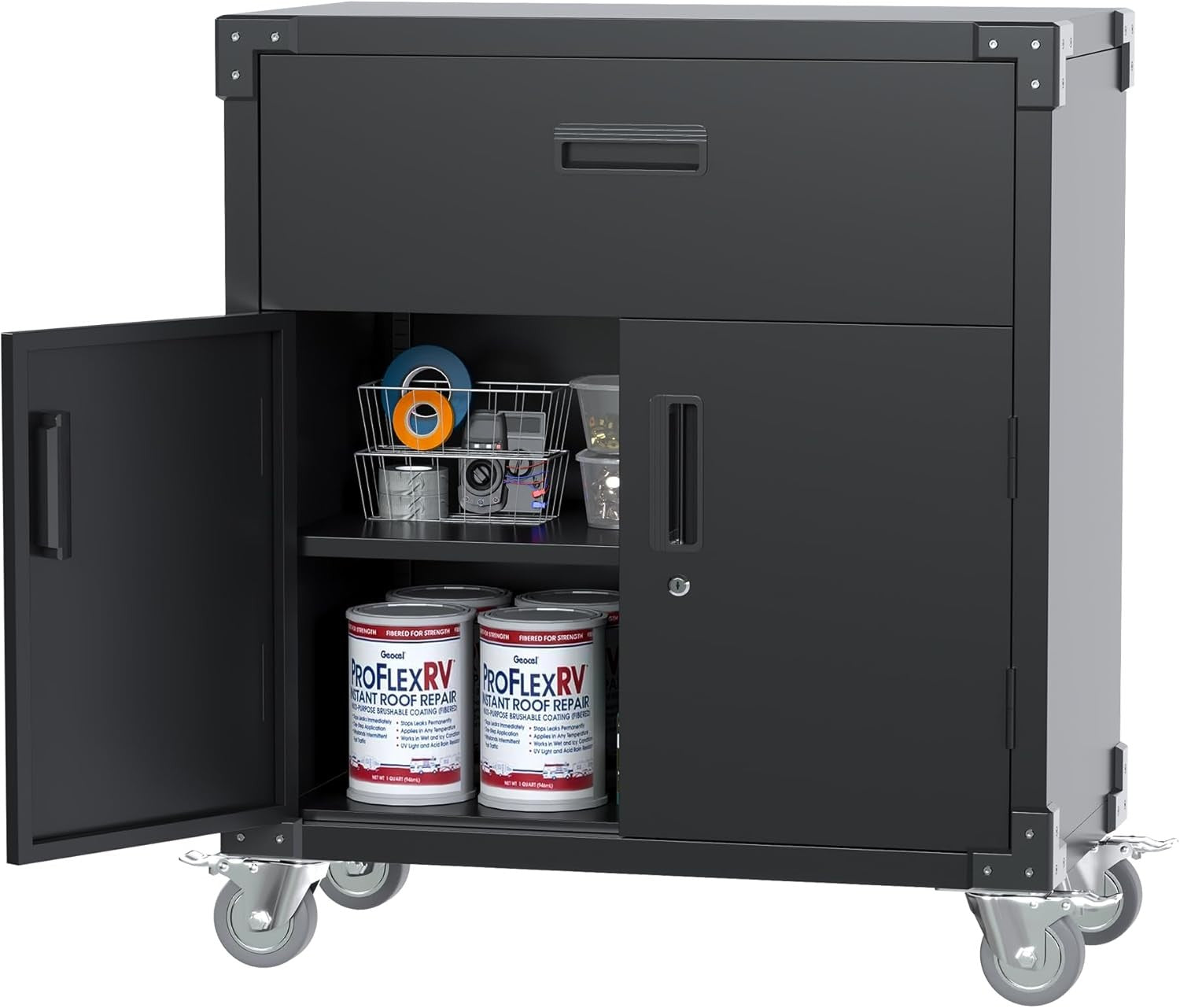 Metal Storage Cabinet with Wheels 2 Doors 1 Drawer Garage Office Organizer