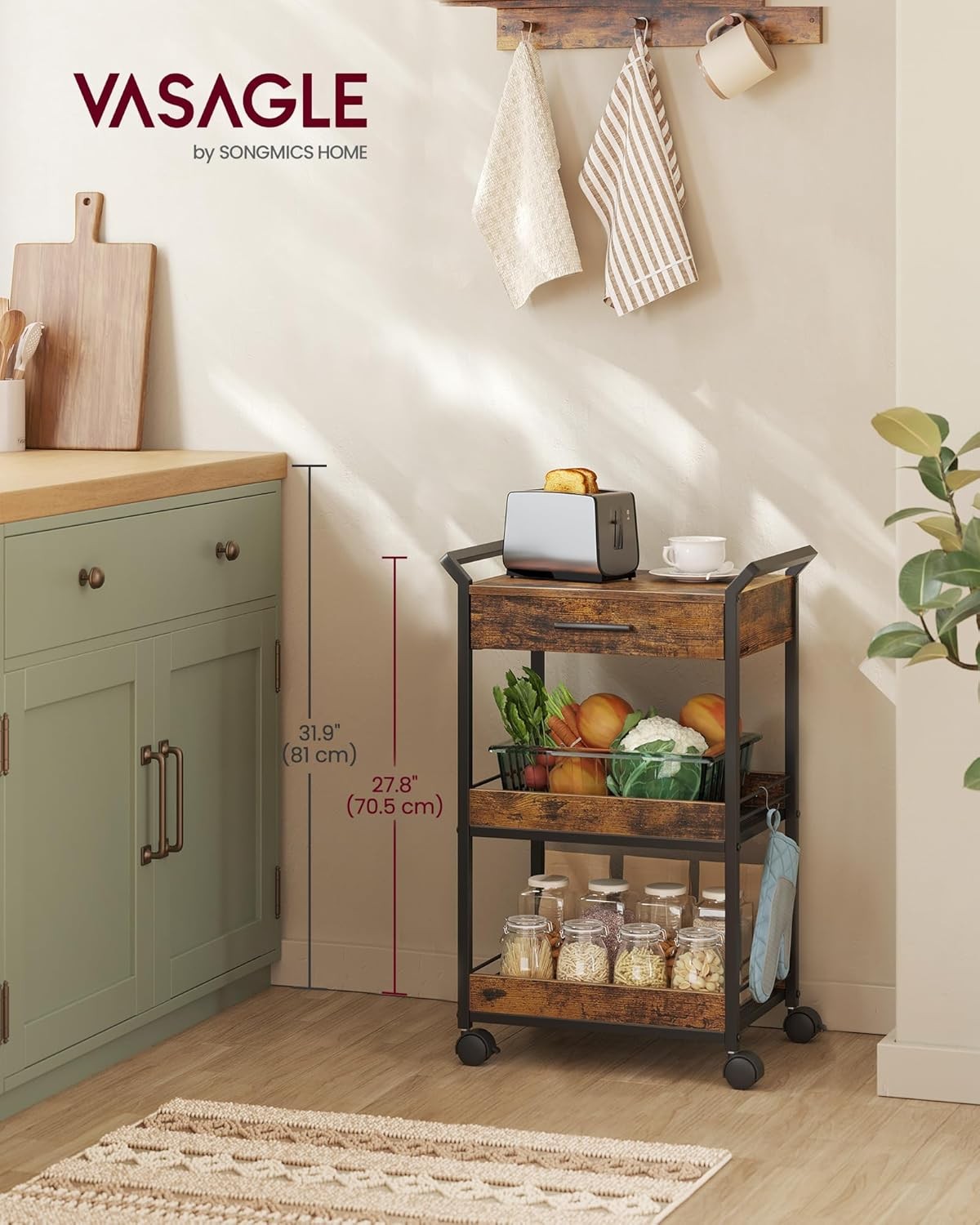 3 Tier Storage Trolley Rolling Cart with Drawer Table Top Mesh Shelves Wheels