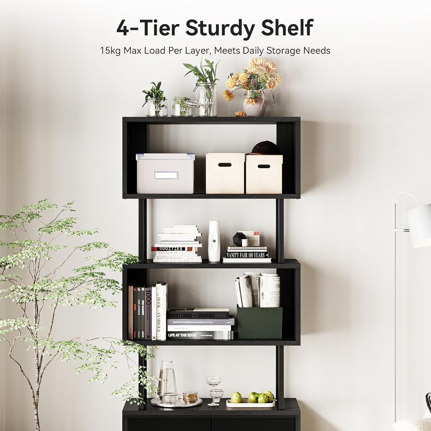 5 Tier Black Bookcase with 3 Fabric Drawers Metal Frame Storage Shelf 155cm