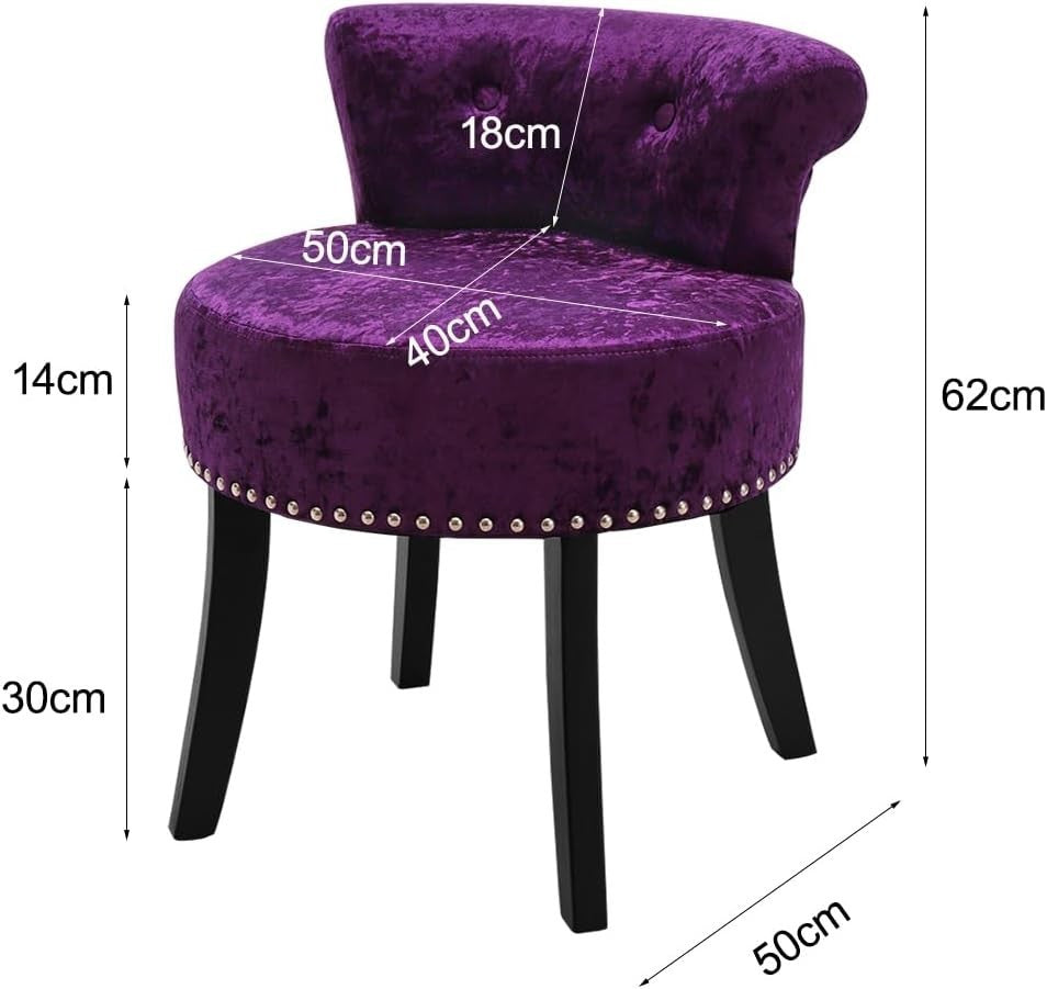 Purple Velvet High-Back Vanity Stool with Solid Wood Legs – Dressing Table Chair