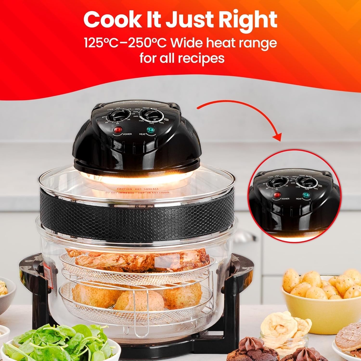 12–17L Halogen Air Fryer Oven | Glass Bowl | Extender Ring | Adjustable Temp