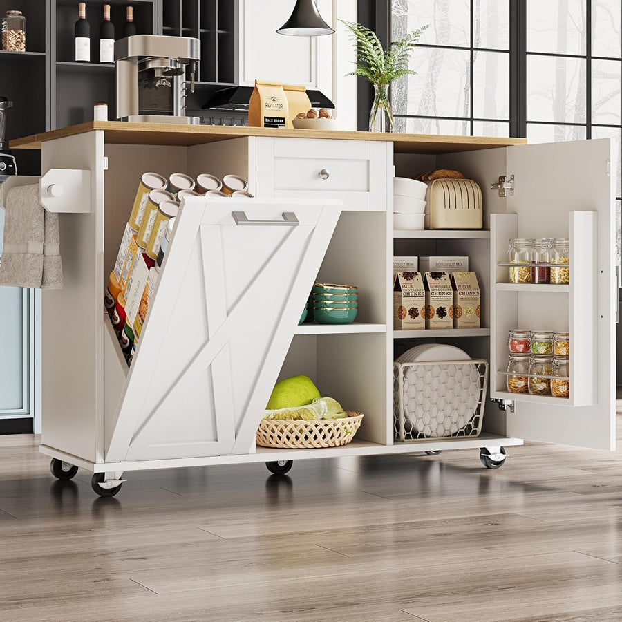 White Kitchen Island Fold Out Table Storage Cabinet 160cm
