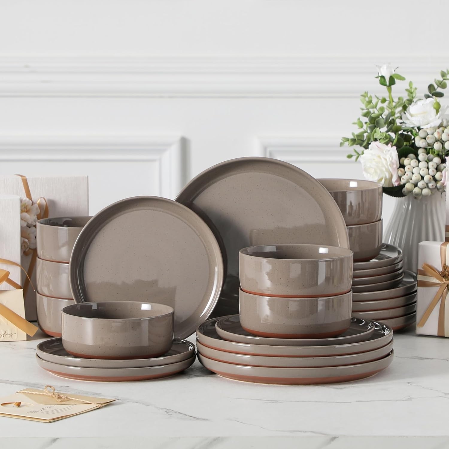 24 Piece Dinner Set for 8 Stoneware Plates Bowls Microwave Dishwasher Safe