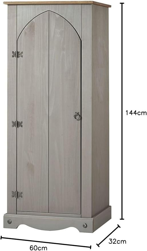 Tall Grey Pine Storage Cupboard with 1 Door & 3 Shelves, Rustic Wooden Cabinet