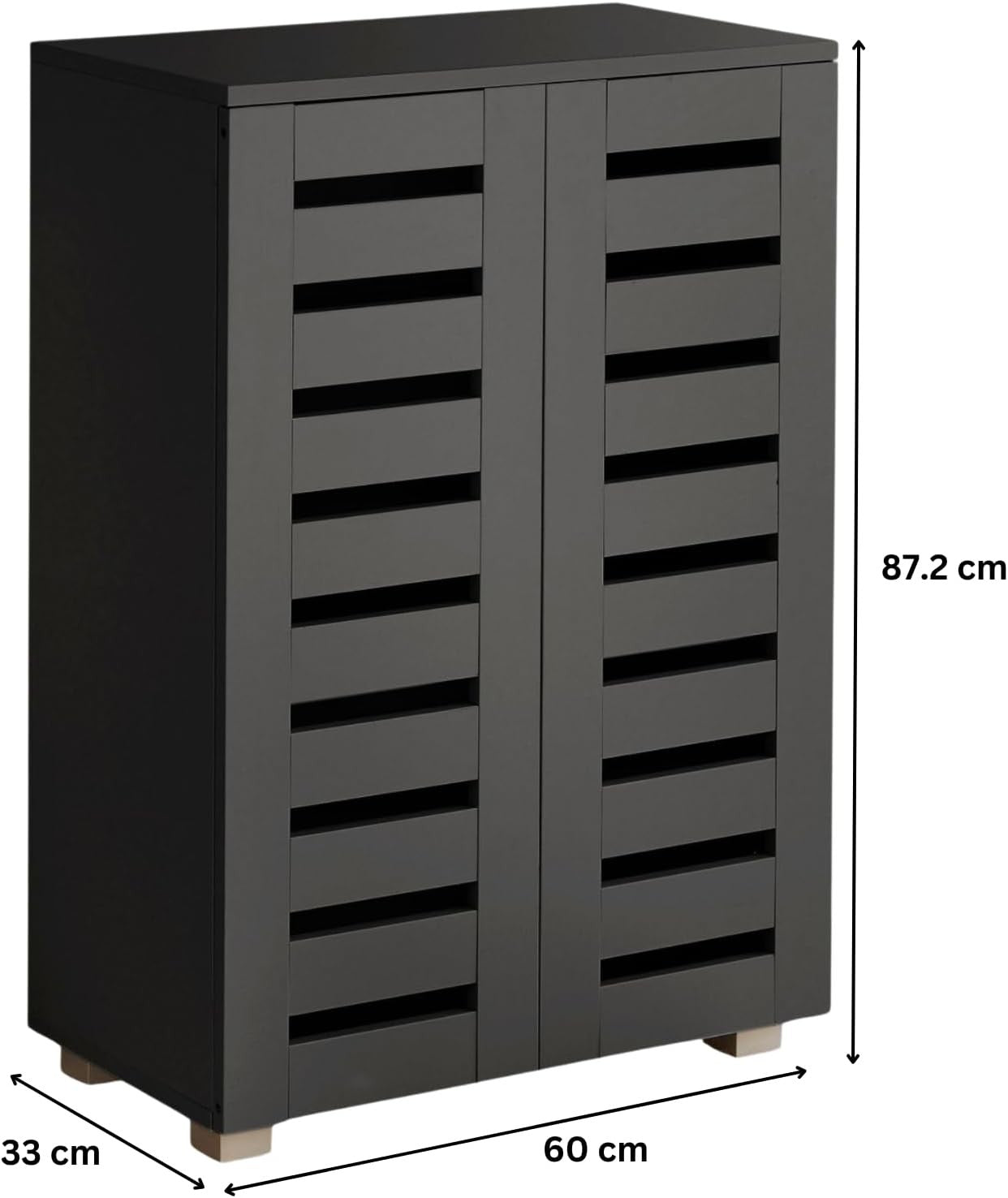 Black Wooden Shoe Cabinet with Slatted Doors, 2 Door Storage Cupboard Unit
