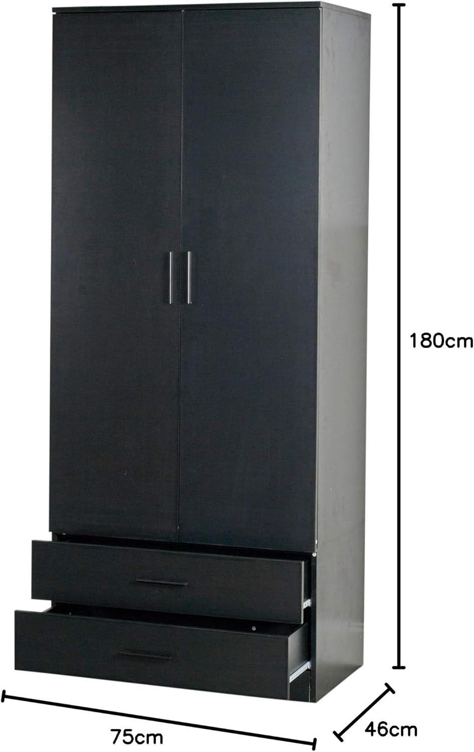 Black 2 Door Wardrobe with Drawers Hanging Rail Storage Bedroom Unit
