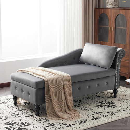Modern Velvet Chaise Lounge Sofa with Storage, Button Tufted, Grey