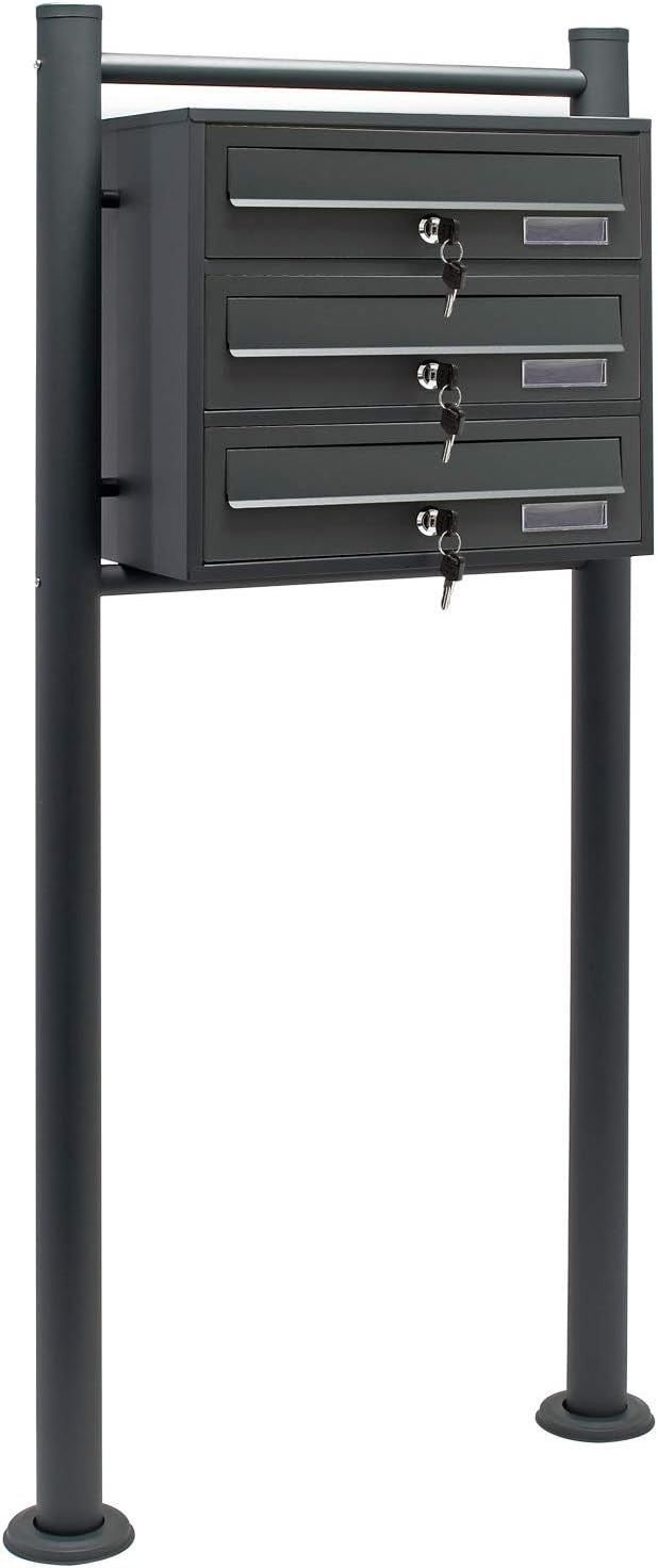 3 Door Black Pillar Letterbox Post Stand Lockable Mail System Durable Steel