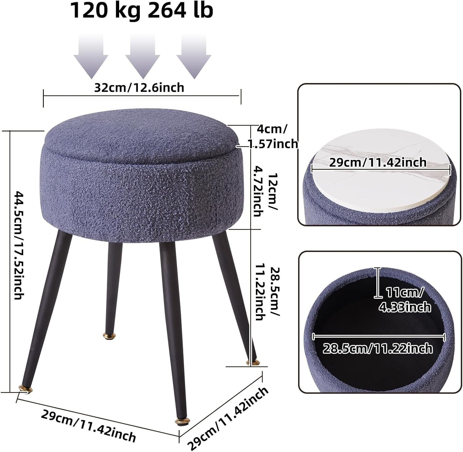 Blue Grey Round Vanity Stool with Storage – Teddy Fur Ottoman Chair