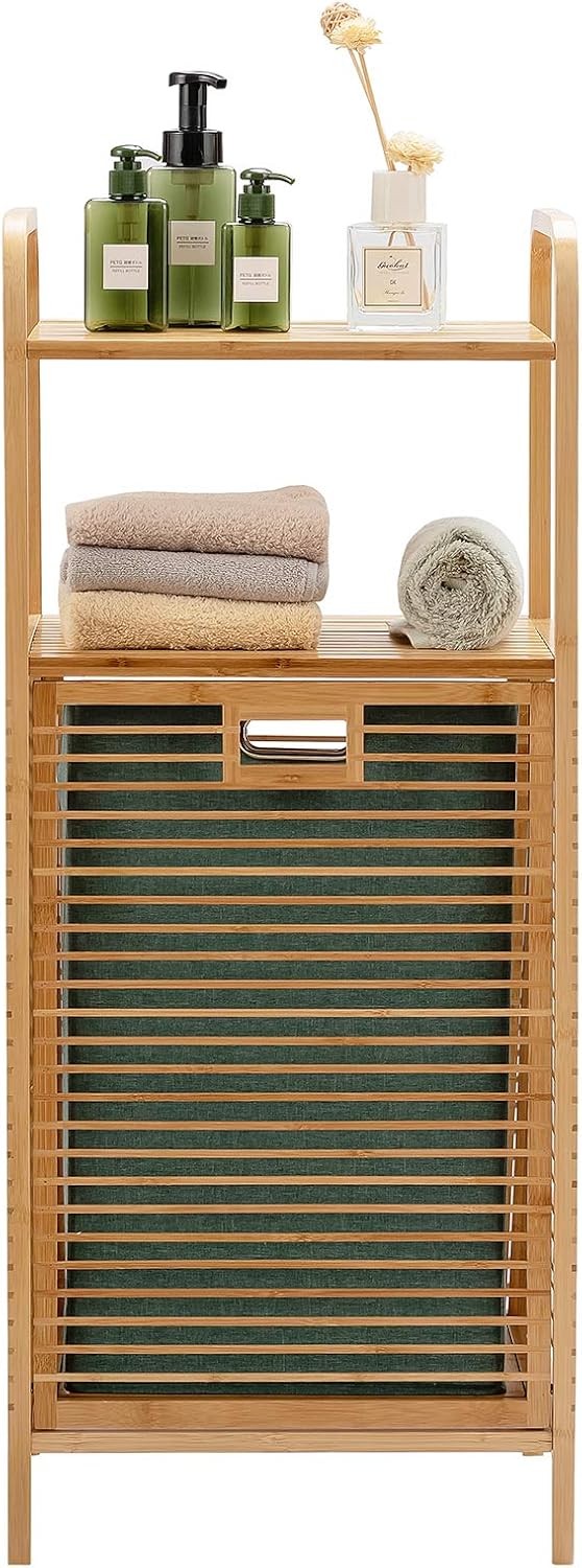 Bamboo Tilt-Out Laundry Hamper with 2 Shelves | Removable Bag | 40×33×95cm