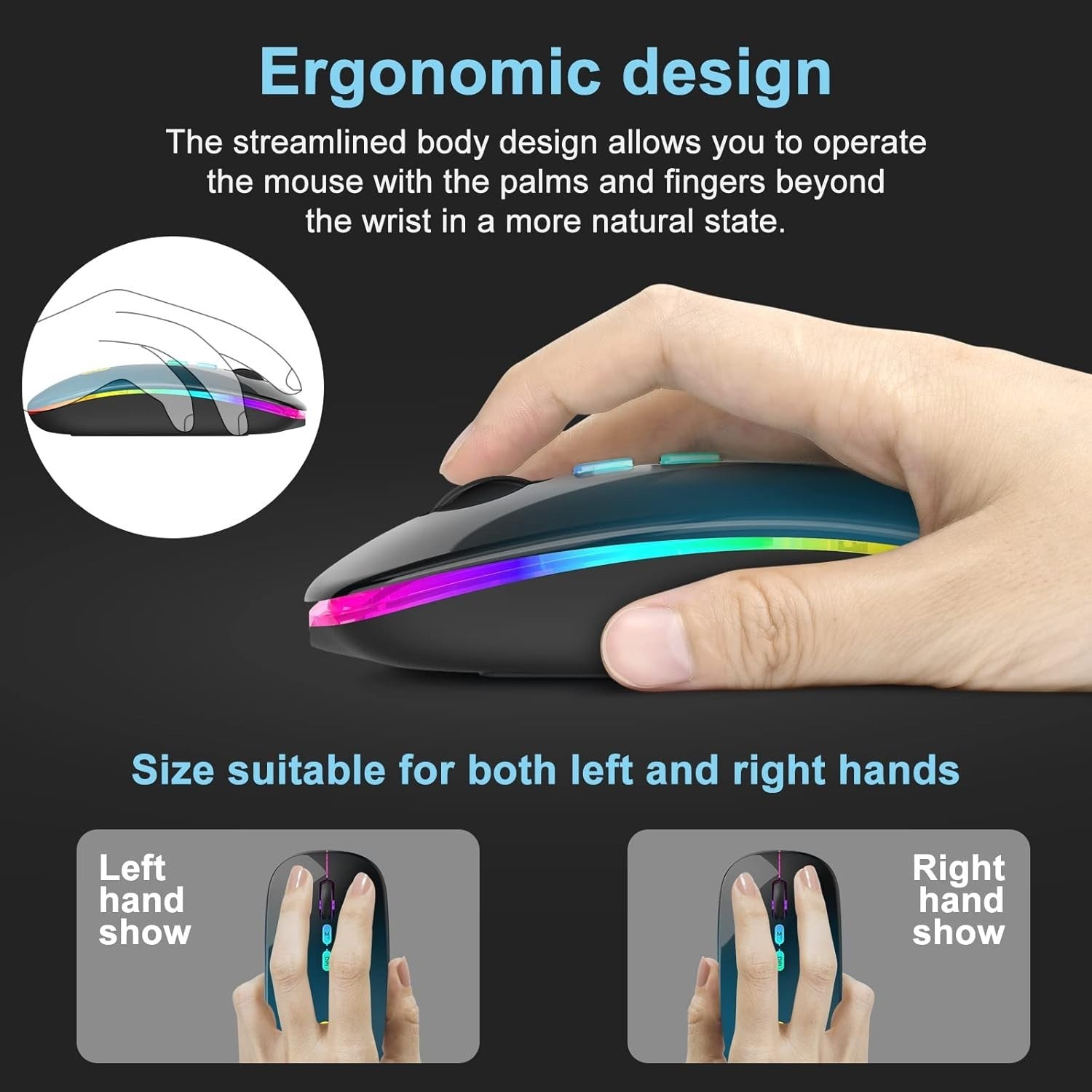Wireless Bluetooth Mouse Rechargeable Silent RGB Type-C Blue