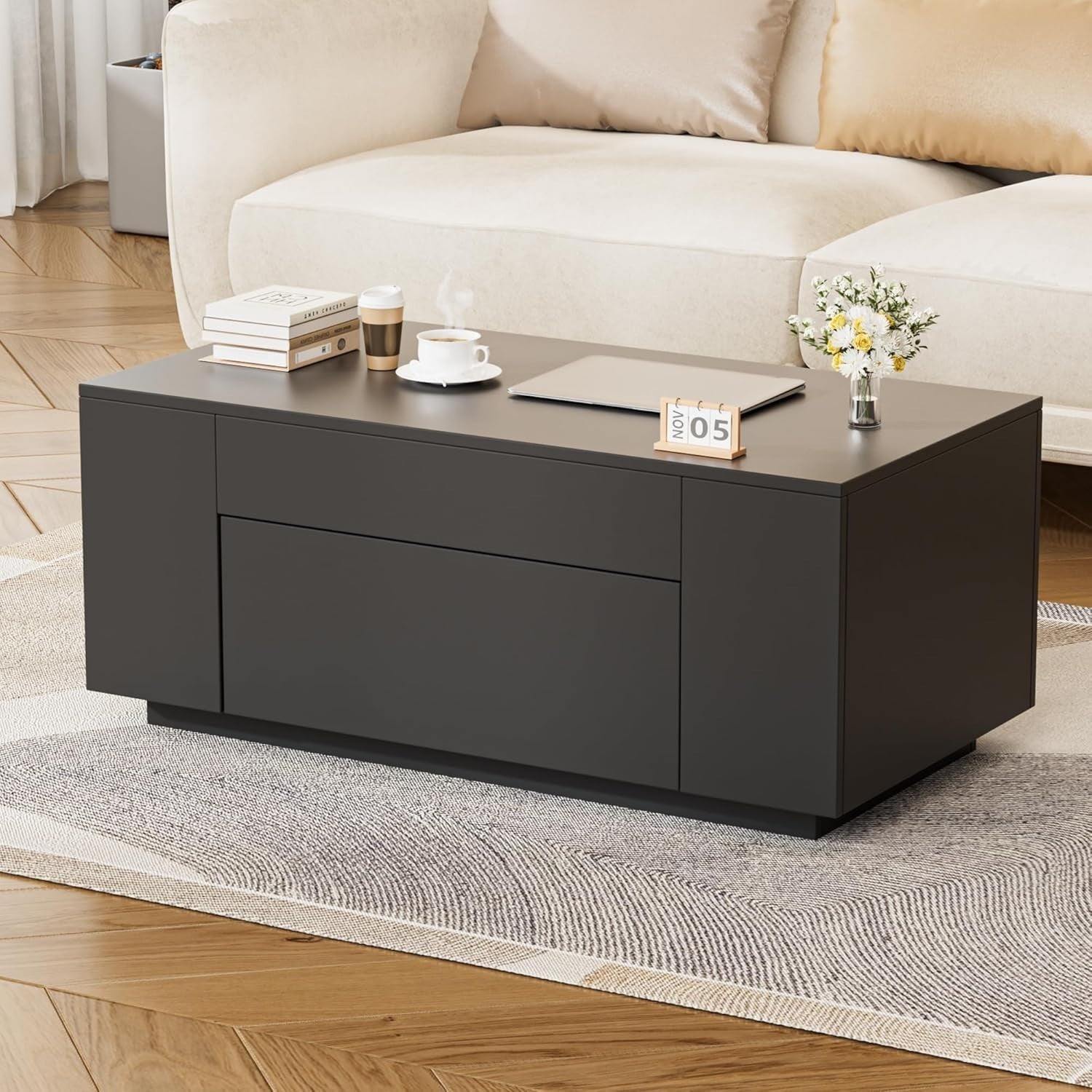 Black Rectangular Coffee Table with Hidden Storage Drawer 98x50cm